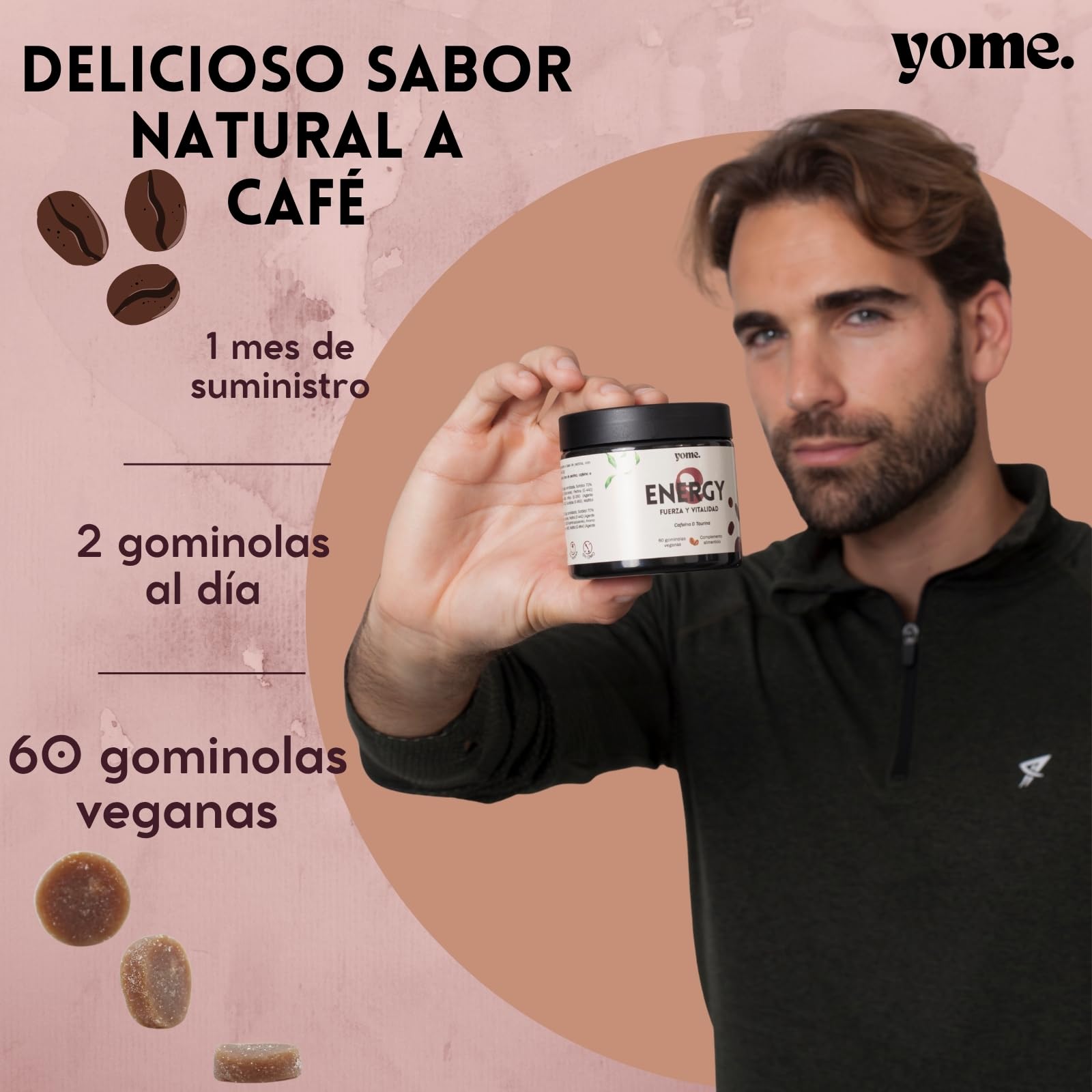 Gominolas de Cafeina y Taurina, Energia – 60 Gominolas Veganas – Mejora la Concentración, Favorece el Rendimiento Físico y Mental – Sabor natural Cafe - Sin Azucar