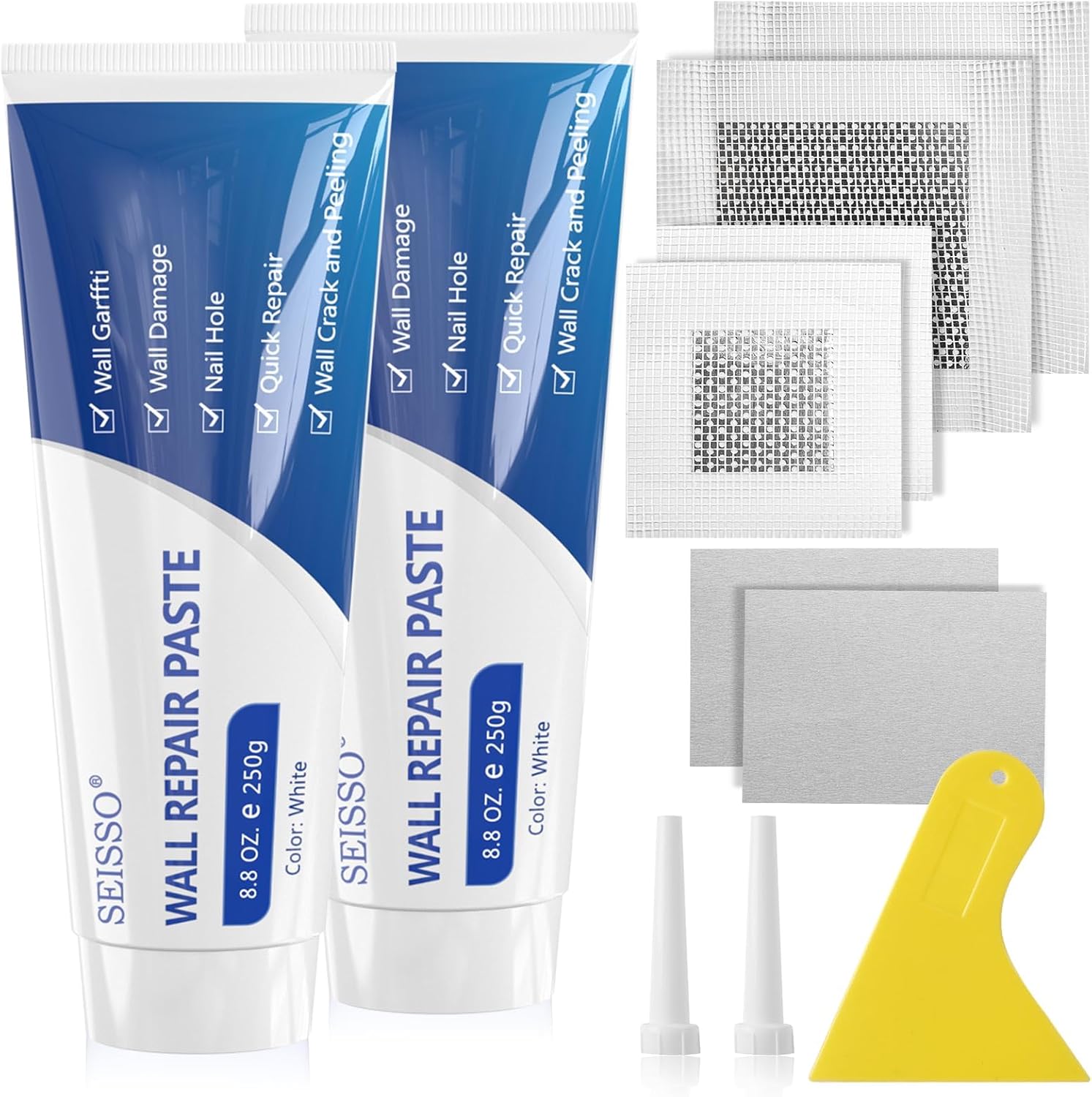 Wall Repair Paste Kit, 2x250g Wall Mending Agent with Wall Repair Patch*4 and Scraper, Spackle Drywall Repair Kit for Hole Filler, Effective Repair of Scratches, Holes, Cracks and Wall Graffiti