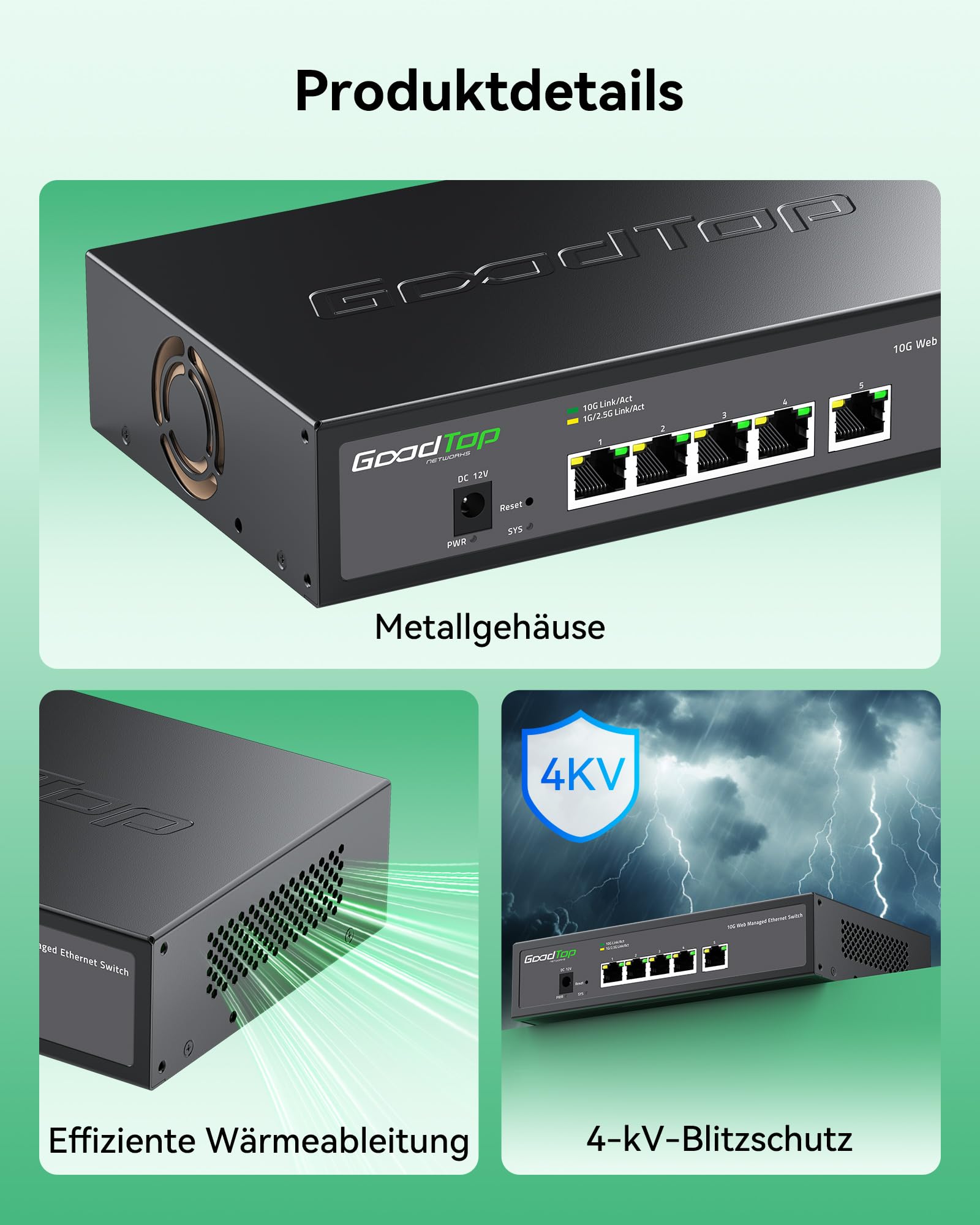 5-Port 10G Managed Switch, LAN Switch 10Gbit mit Noctua Silent-Lüfter