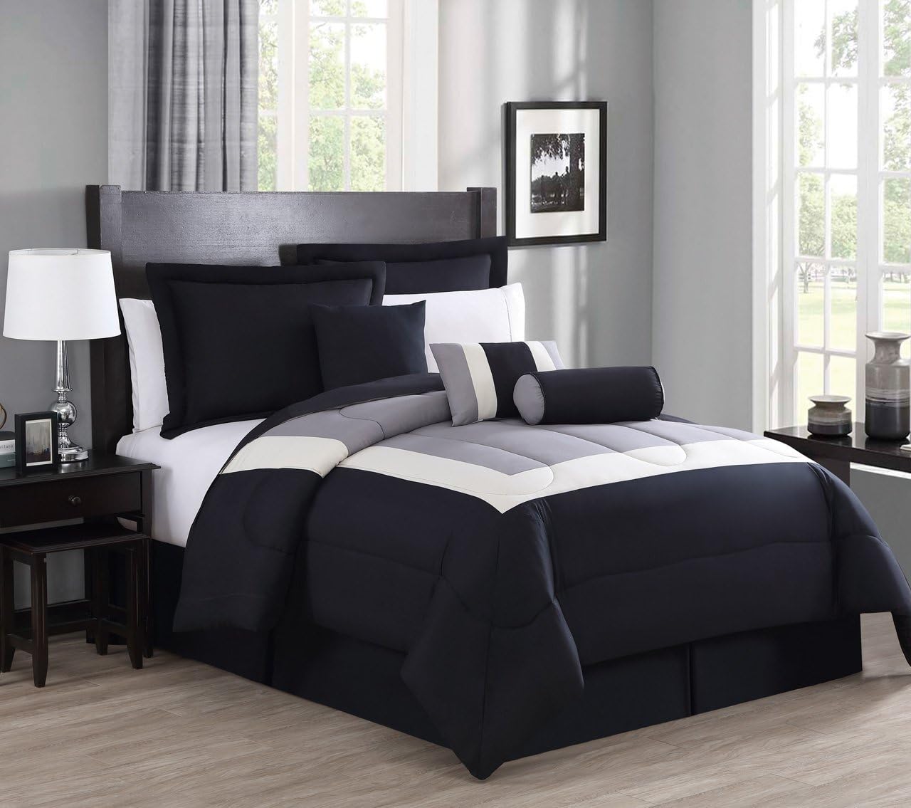 KingLinen 7 Piece Queen Rosslyn Black/Gray Comforter Set