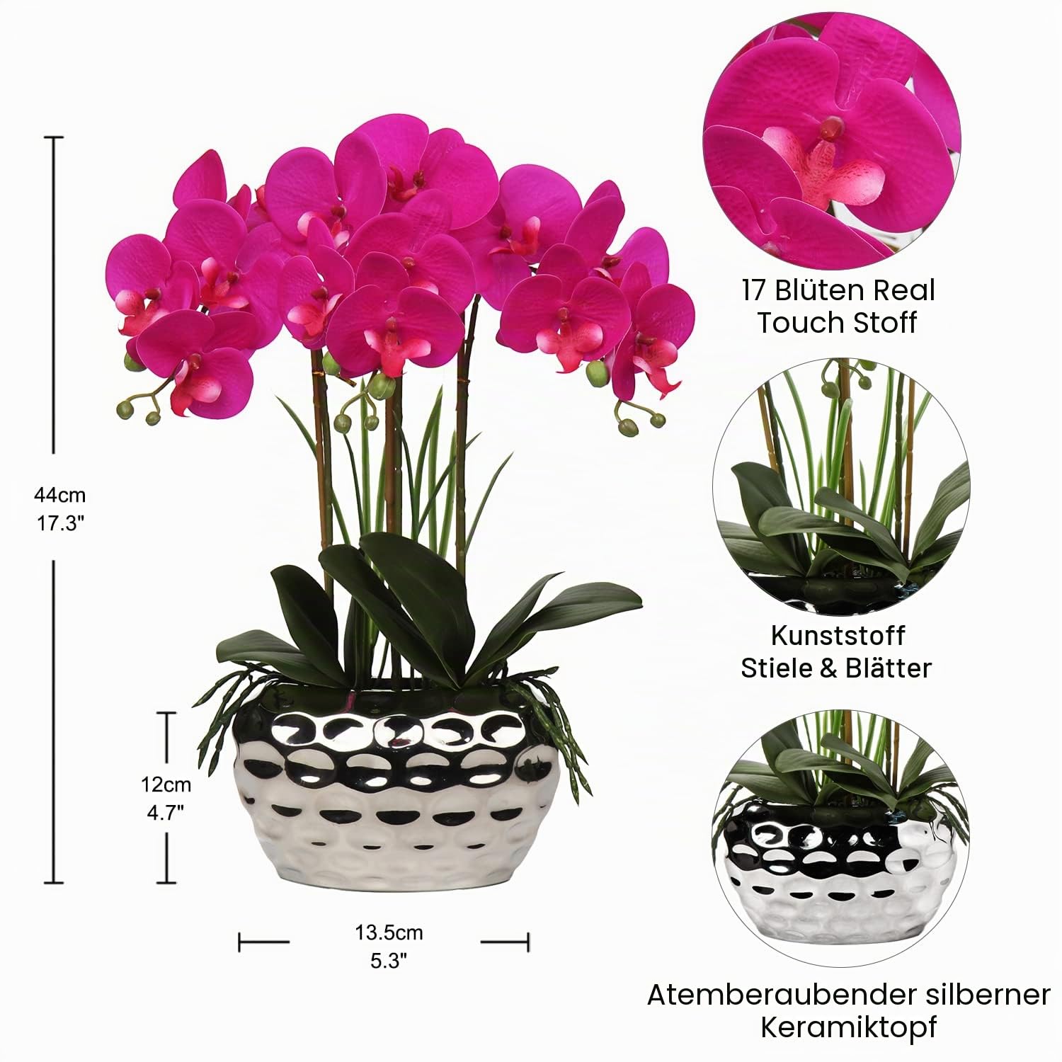 Kunstpflanze Orchideen Künstliche Deko Blumen Kunstblumen Wie Echt Mit Real-Touch Blüten im Keramiktopf Tischdeko Fensterbank Deko, Höhe 44 cm, Lila