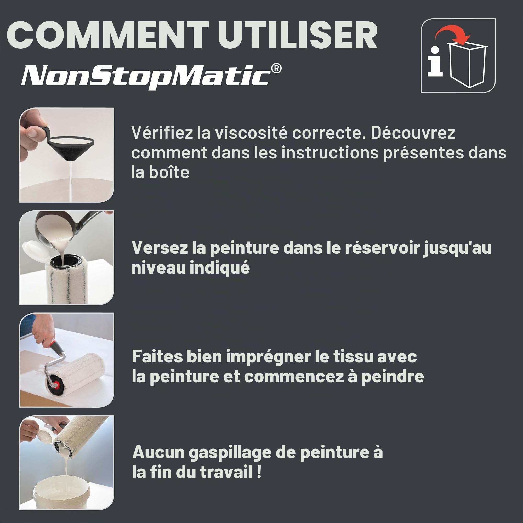 Nespoli NonStopMatic Système de Rouleau de Peinture 21 cm avec réservoir de Peinture intégré et mécanisme de déverrouillage Automatique Blanc/Gris