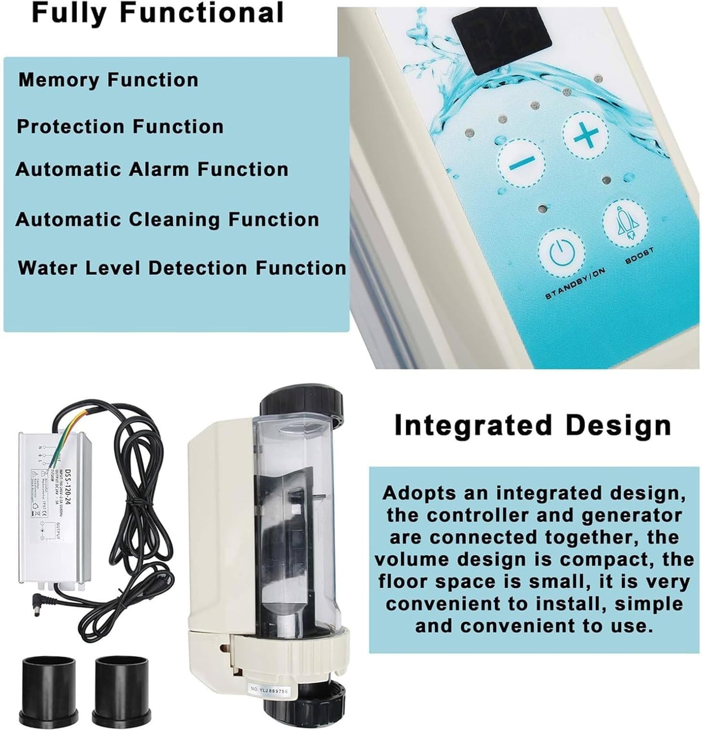 Generador de Cloro Salino para Piscina y SPA, Clorinador Agua Salada Automático con Salida Ajustable 20%-100%, Opciones Multi-Tamaño hasta 85 m³ (8g/h, 12g/h, 16g/h, 20g/h),HT20