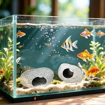 2 PCS Aquarium Cave Rocks, Fish Tank Decorations Hideaway Rocks for Aquatic Pets to Breed Play and Rest, Aquarium Hideaway Rock Cave for Shrimp Cichlid Betta Fish(2 Hole)