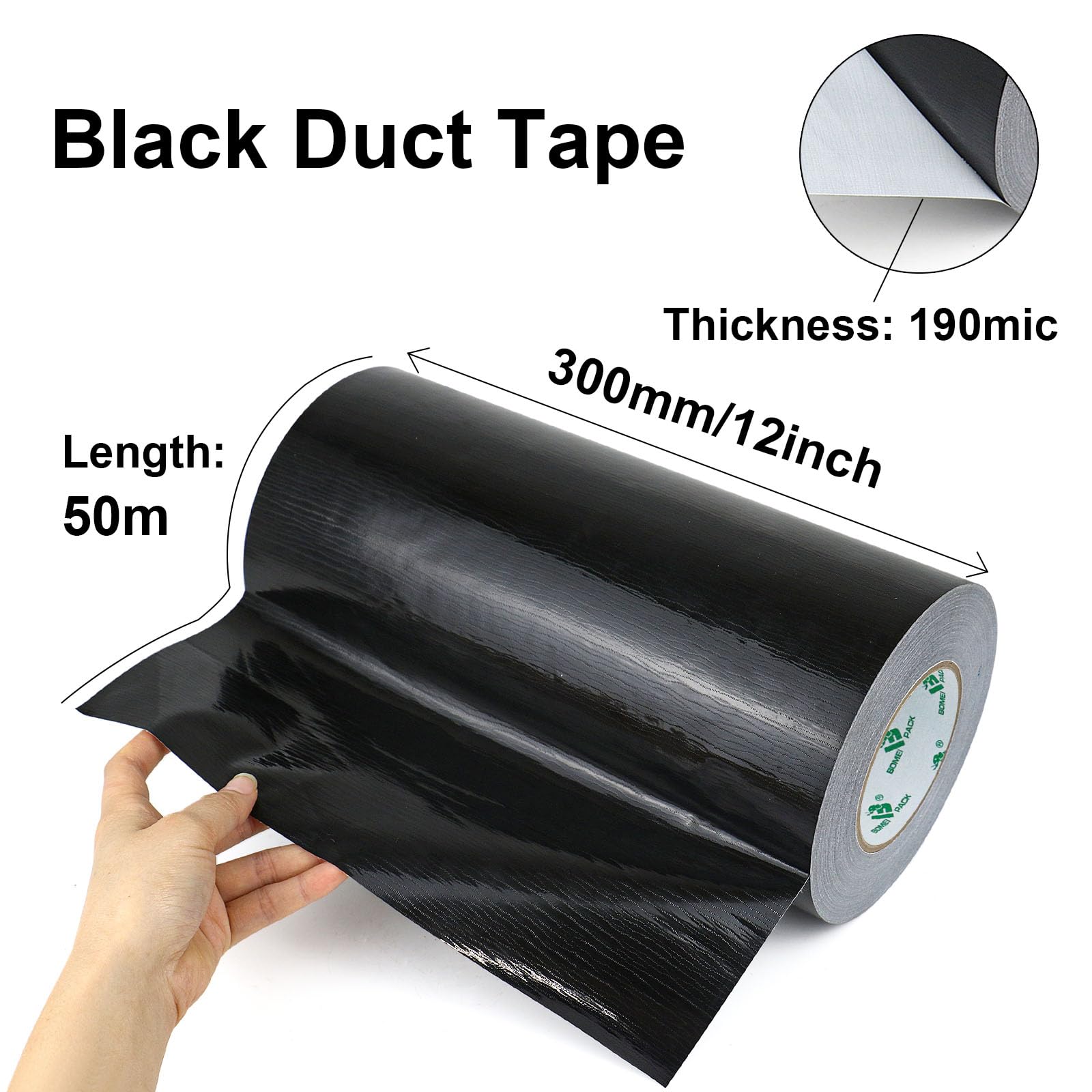 BOMEI PACK Cinta adhesiva de tela negra de 300 mm x 50 m, reforzada, resistente al agua, cinta adhesiva resistente para fijar reparaciones, manualidades, etiquetado, cajas de sellado para trabajos en