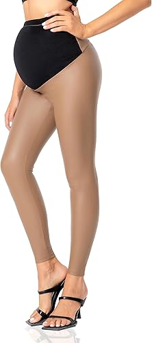 V VOCNI Leggings de maternidad de piel sintética para mujer, pantalones elásticos sobre el vientre