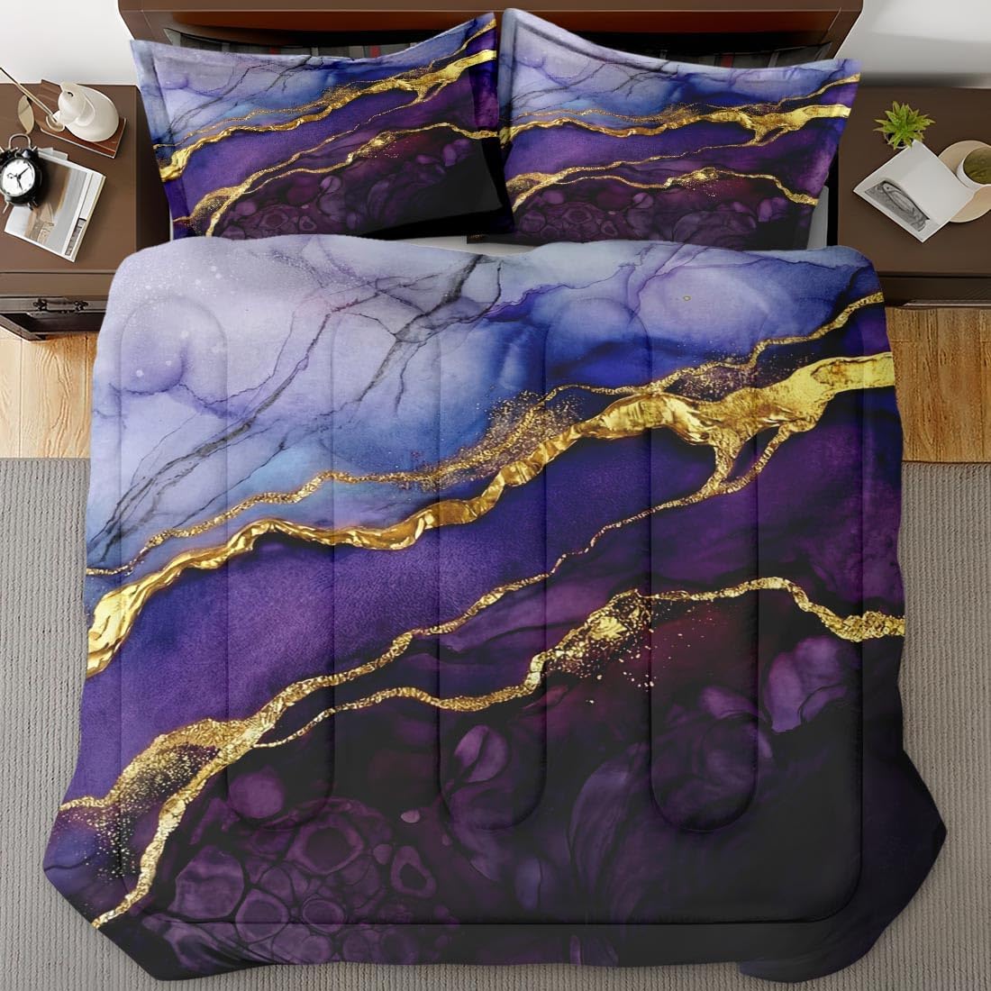 Purple Blue Marble Comforter Set for Kids Toddlers Teens Adults Full, Golden Stone Bedding Sets Water Washed Microfiber Bedding with 1 Comforter 2 Pillowcase All Season