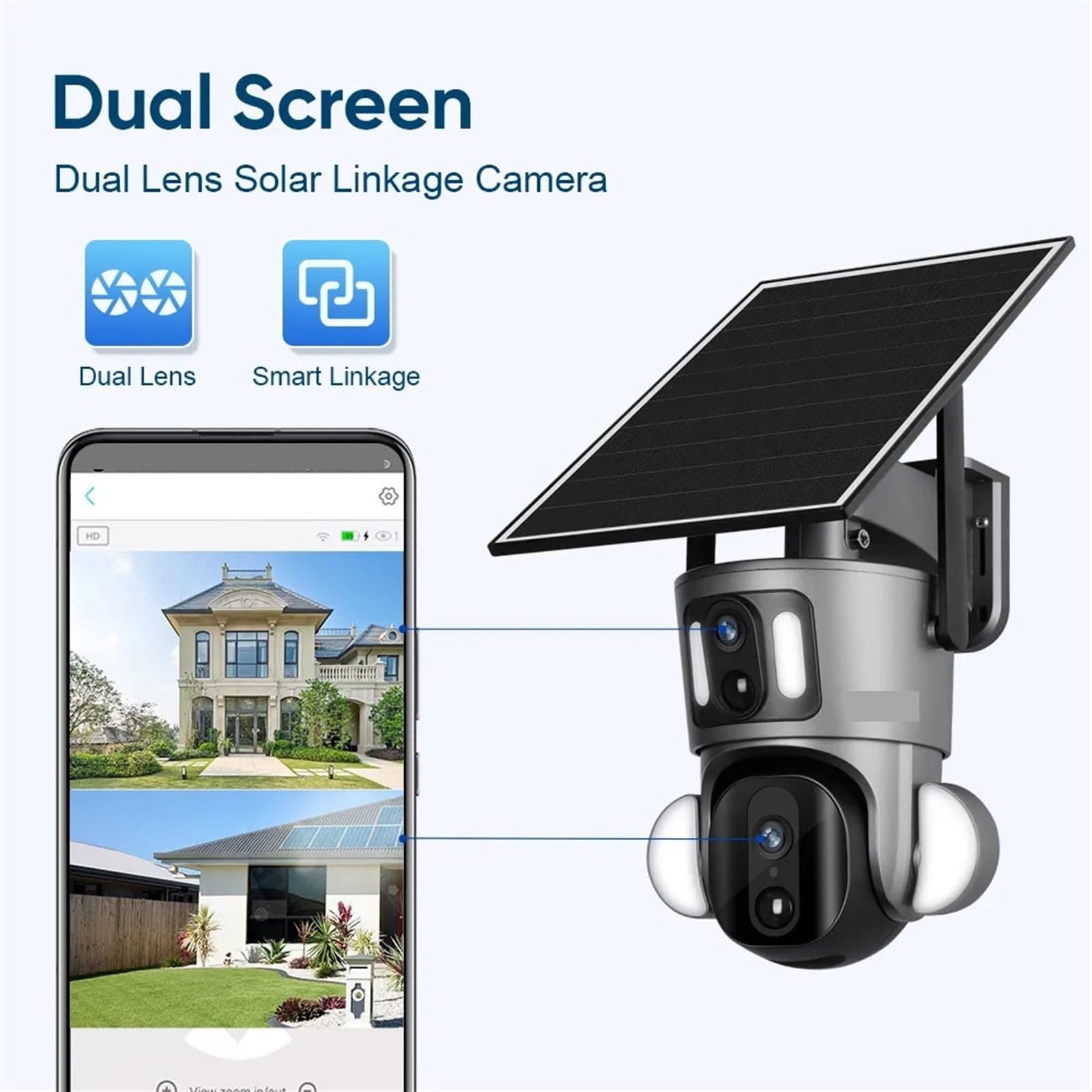 Caméra de sécurité, 9W 2K Double écran 4G caméra Solaire extérieure 4MP PTZ détection PIR Liaison vidéo Suivi Automatique de vidéosurveillance(4MP WiFi Add 64G)