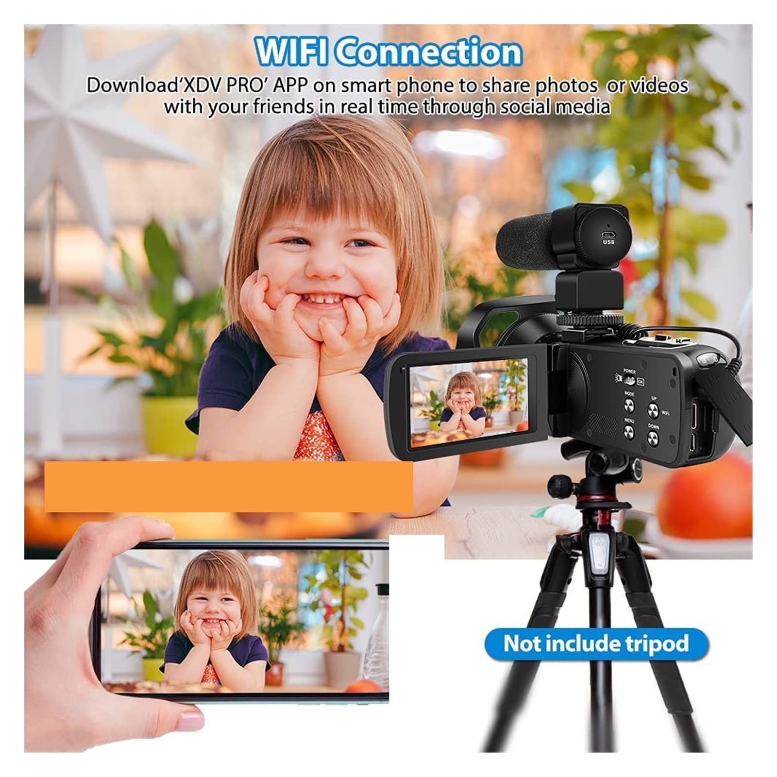 Caméra vidéo Caméscope Caméscope Professionnel 4K caméra vidéo numérique for Le Streaming Vlog enregistreur 18X stabilisateur de Webcam en accéléré(16G SD Card,Blauw)