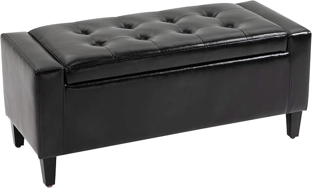 HOMCOM PU Leather Storage Ottoman Bench Storage Chest Tufted Ottoman Cube w/ Flipping Top 92L x 40W x 40H cm Black