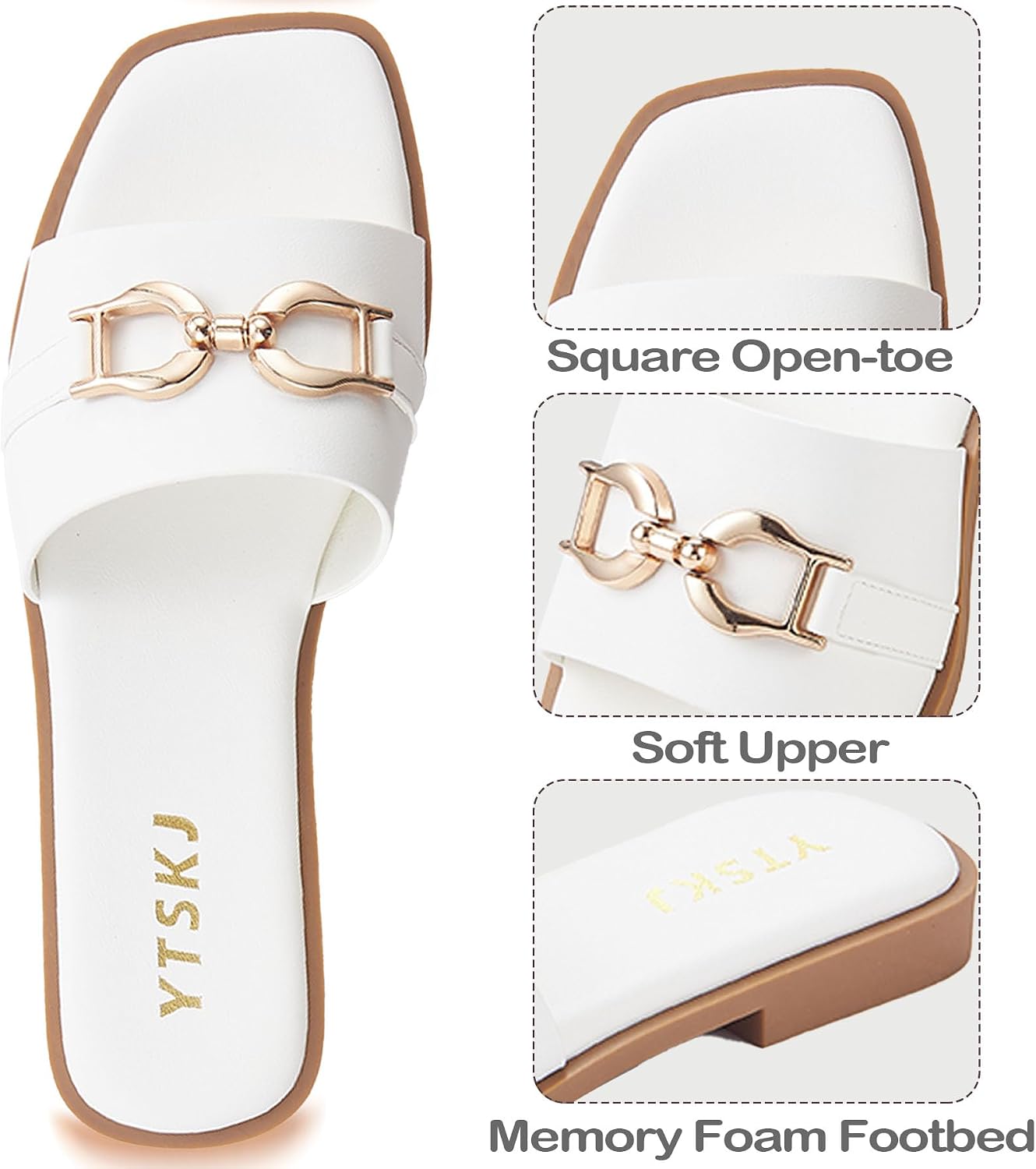 Sandals for Women 2026 Square Open Toe Fashion Slides Women Dressy Summer Flat Beach Cute Ladies Faux Leather Casual Shoes with Golden Chain Size 6-11