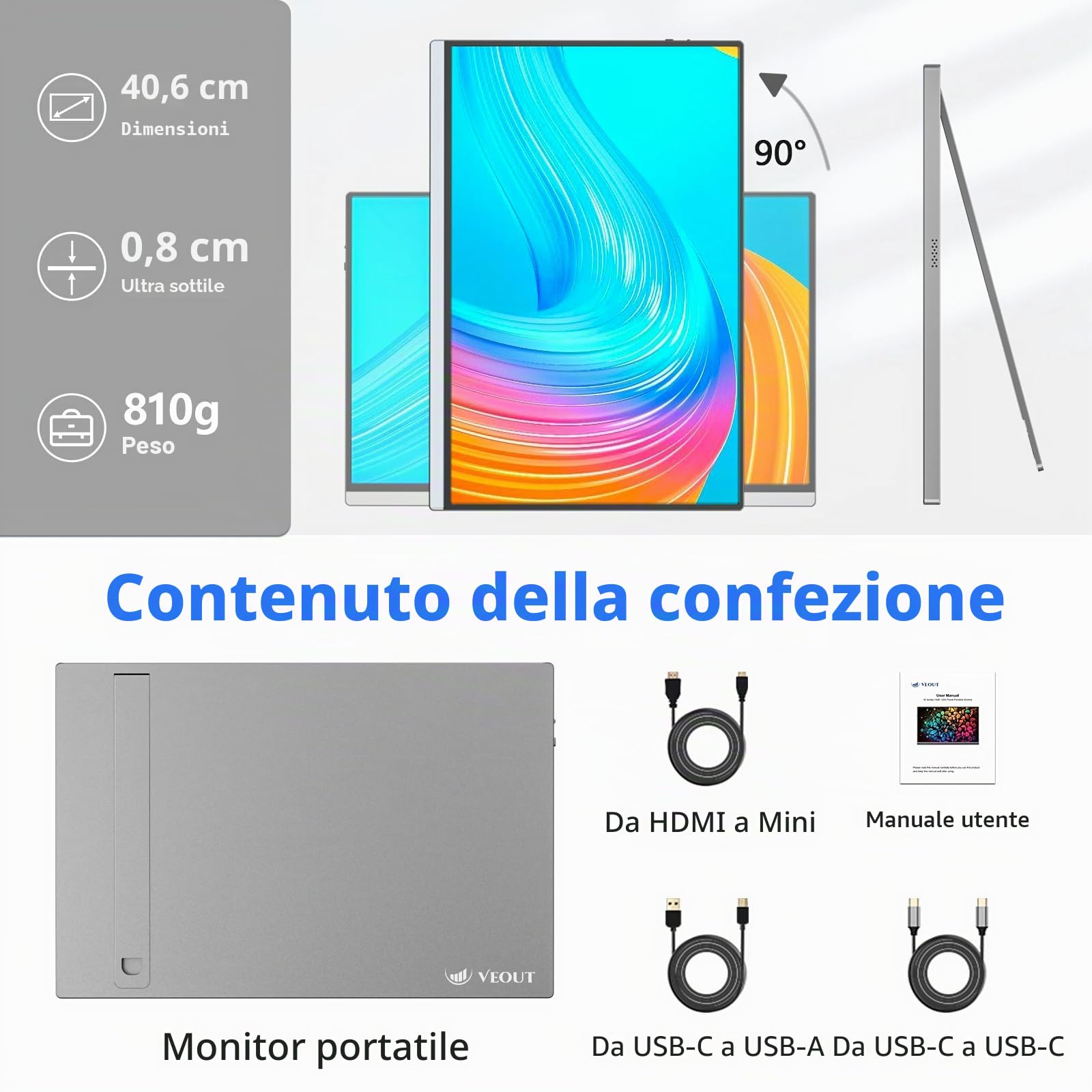 Veout Monitor portatile da 16" monitor per laptop IPS 1920 x 1200P con connettore USB - C monitor per gaming con FreeSync e HDMI dotato di un piedino regolabile disponibile