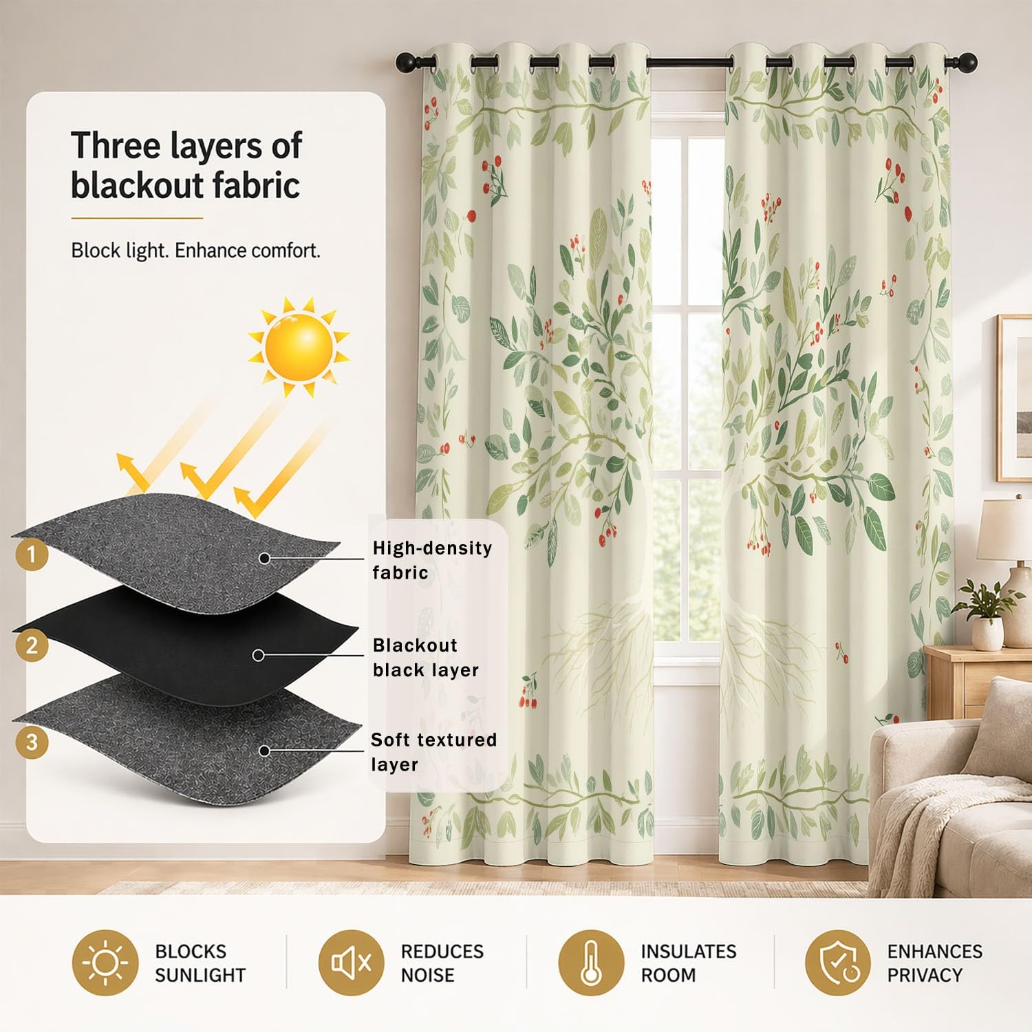 Generisch Lebensbaum Rankenblätter Vorhänge mit Ösen Gardinen Blackout Curtain Landhaus Rustikal Thermo Vorhang Weich Schlafzimmer Wohnzimmer Verdunklungsvorhänge 2er Set B 110 x H 215 cm