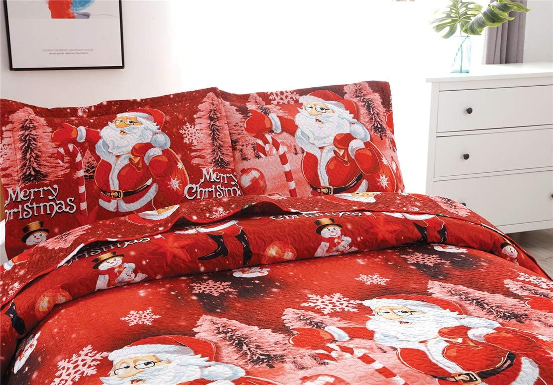 Jarson 3Pcs Christmas Quilt Set Full/Queen Size Lightweight Bedspreads,Lovely Santa Claus Printed Coverlet Set Reversible Bedding Cover New Year's Decoration,Red