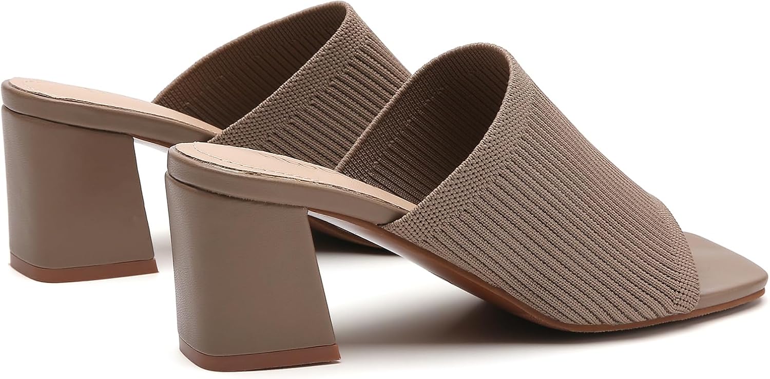 Tilocow Knit Heeled Sandals for Women, Square Open Toe Heels Sandals, Chunky Block Low Heel Slip On Mules - Image 6