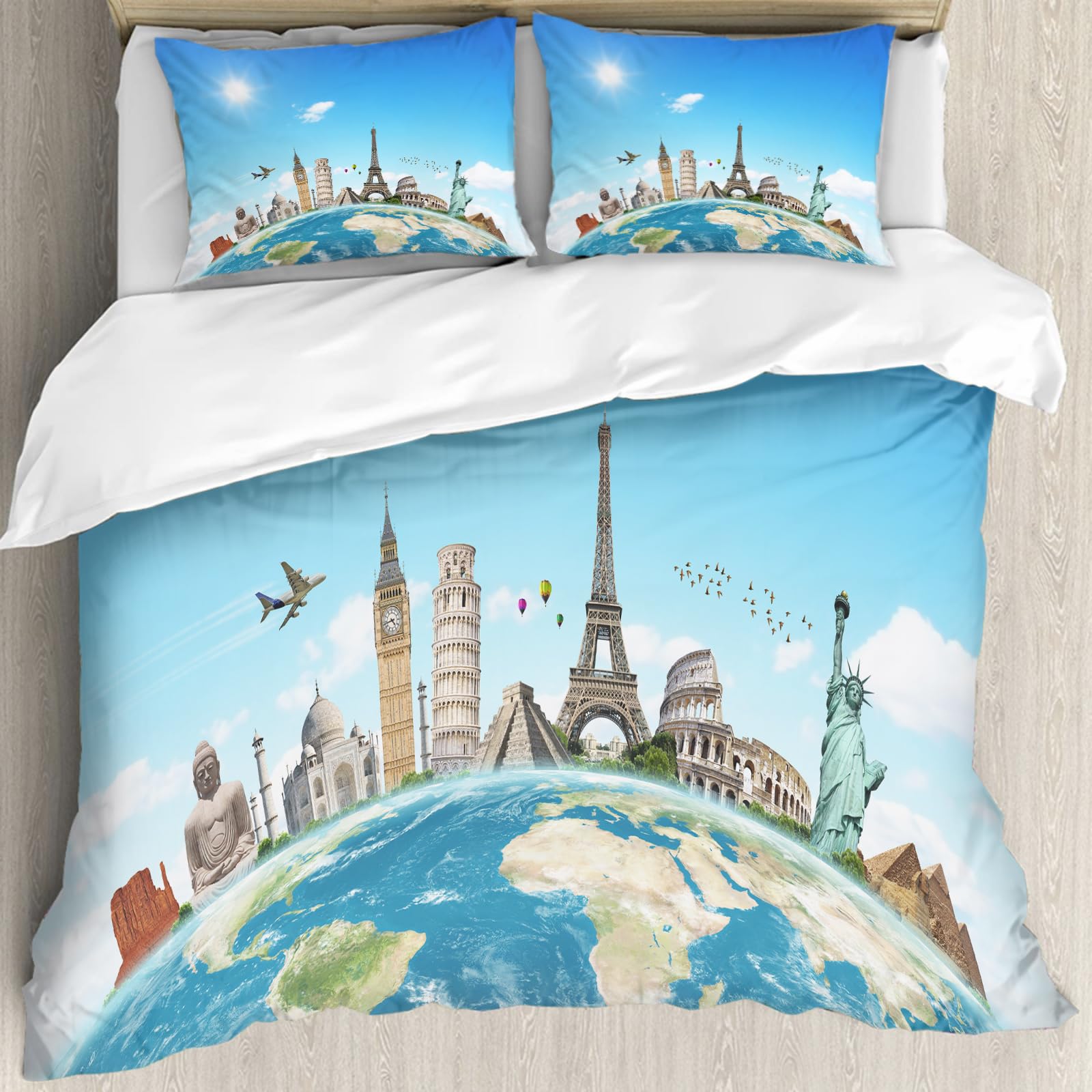 Housse de couette monuments du monde 228x264cm hypoallergénique avec ses taies