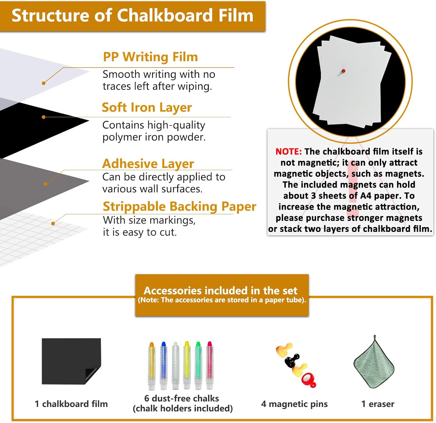 JUMUBOARD Self-Adhesive Chalkboard Sticker, 94.48" x 47.24" Magnetic Receptive Blackboard Wall Film, No Ghosting, Easy Write & Clean | Peel & Stick for Office, Home & Classroom,Incl. Accessories