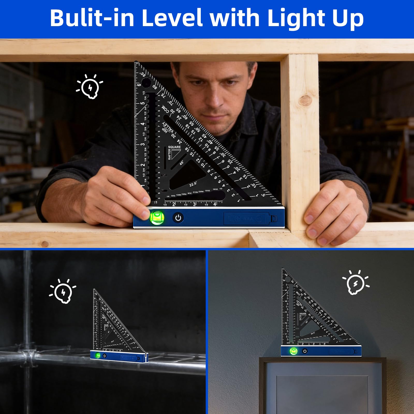 Viga cuadrada de 7 pulgadas con vial de nivel iluminado, regla triangular de aluminio multiusos resistente con lápiz de carpintero para carpintería y bricolaje en el hogar