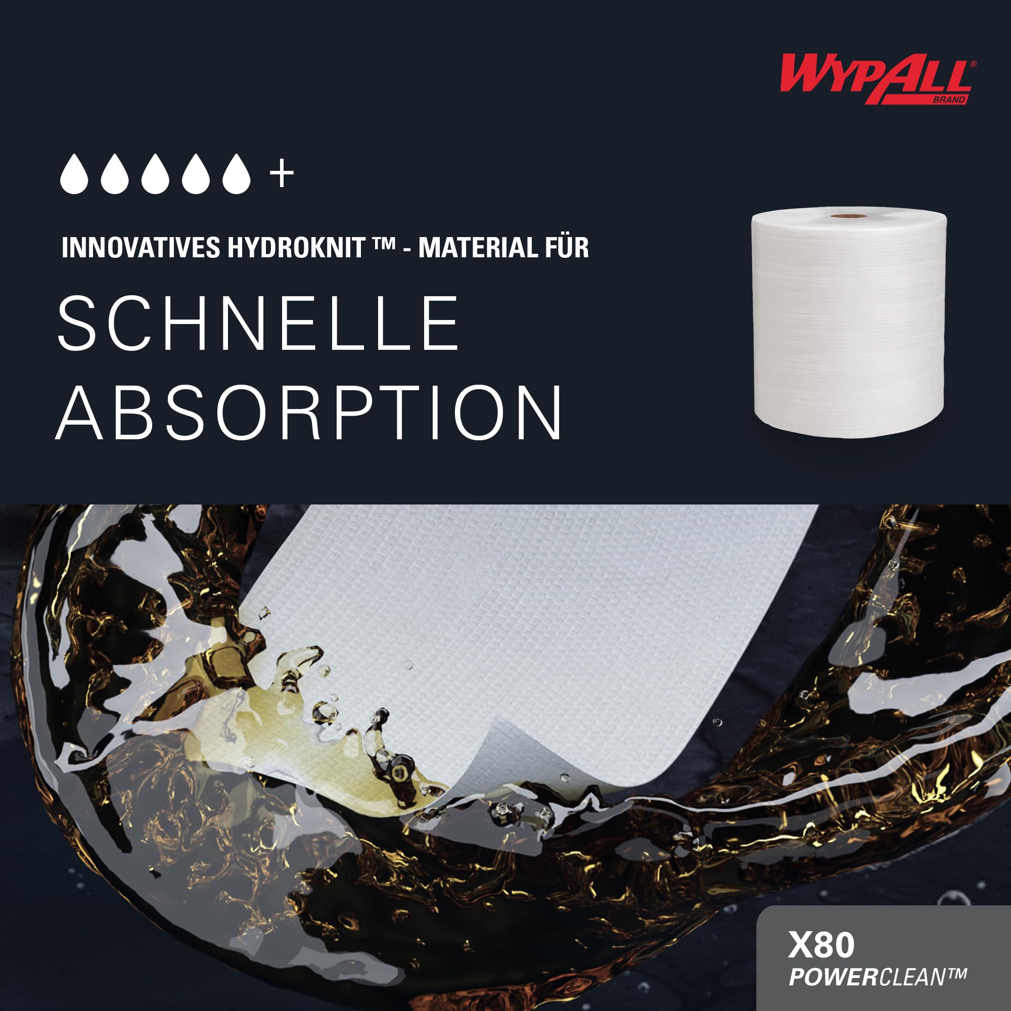 WypAll X80 Power Clean Tücher, 1-lagige, industrielle Reinigungstücher mit Hydroknit-Technologie, wiederverwendbar, auf rauen Oberflächen geeignet, 1 Großrolle x 455 Wischtücher, Artikel-Nr. 8377