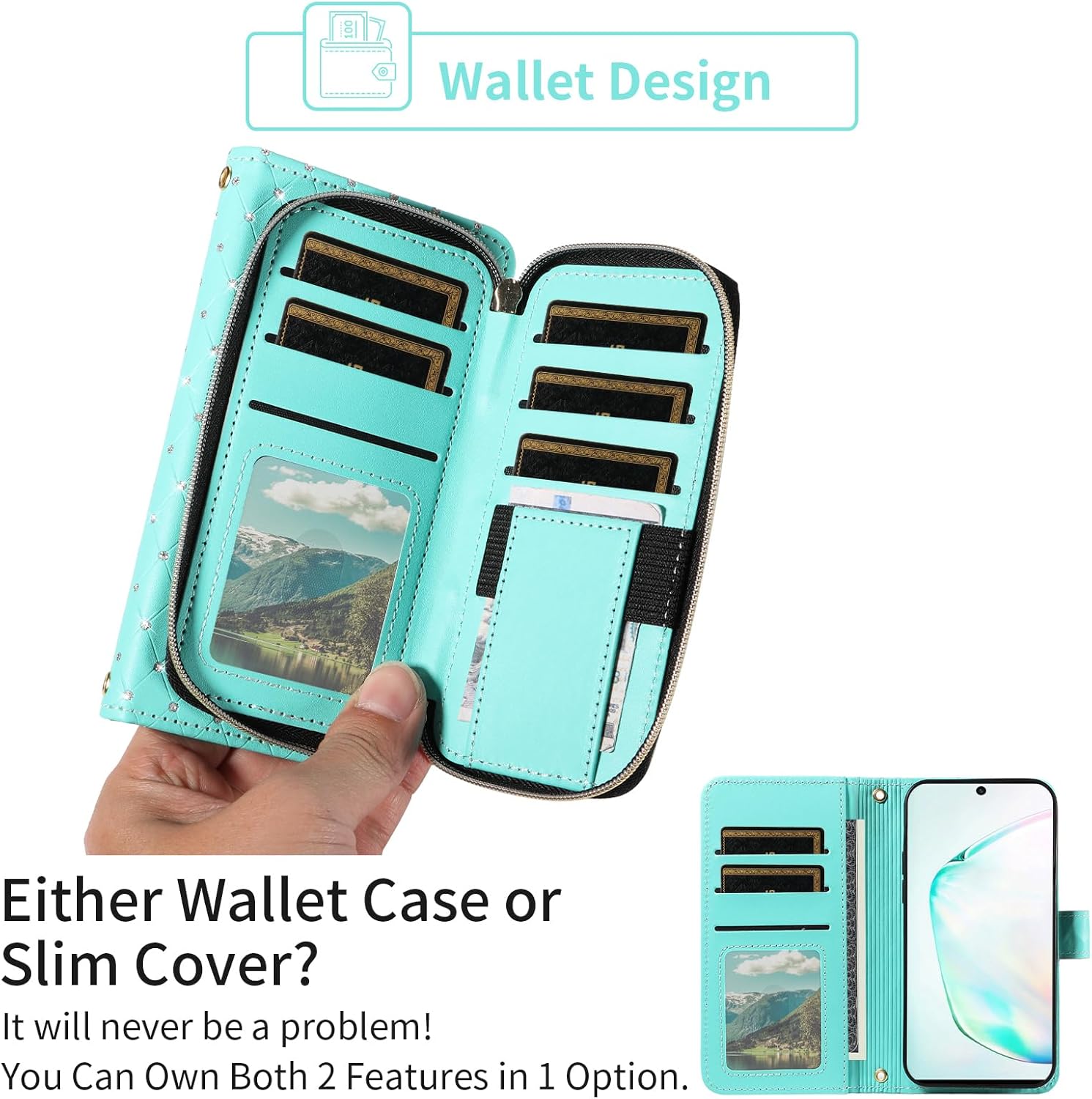 Asuwish Phone Cover for Samsung Galaxy Note 10 5G Wallet Case Cell Zipper with Tempered Glass Screen Protector Crossbody Lanyard Strap Glitter Card Holder Note10 Notes 10s Ten Not S10 Women Men Green