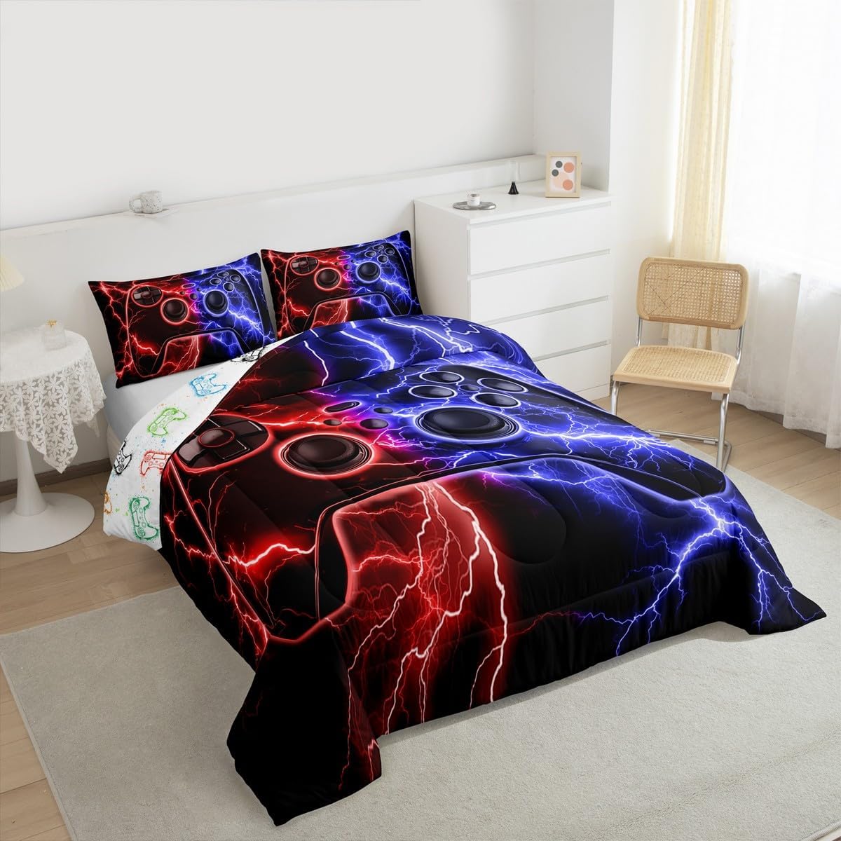 Erosebridal Gaming Comforter Set Gamer Twin Bedding Sets for Girls, Video Game Consoles Comforter Red Blue Lightning Quilt,Gaming Decor for Boys Bedroom