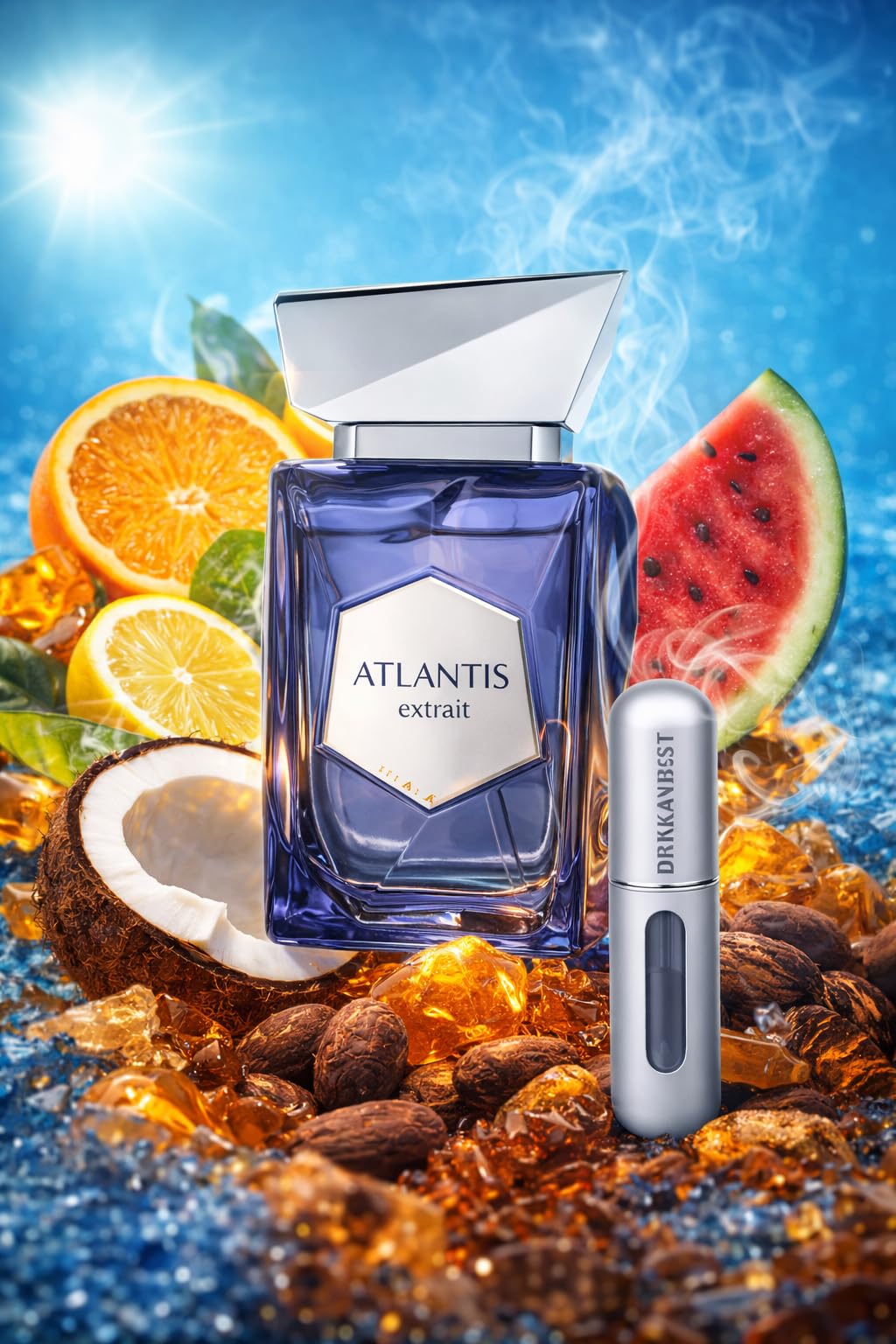 ATLANTIS EXTRAIT Perfume Unisex 100ml – Fragancia Fresca Tropical con Coco, Sandía y Ámbar Gris – Aroma Veraniego, Moderno y Duradero + Atomizador Drikanbest de Regalo