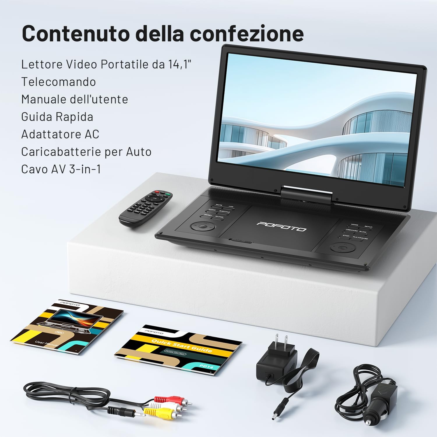 Contents of the POFOTO Portable DVD Player package including the player, remote, cables, and manuals