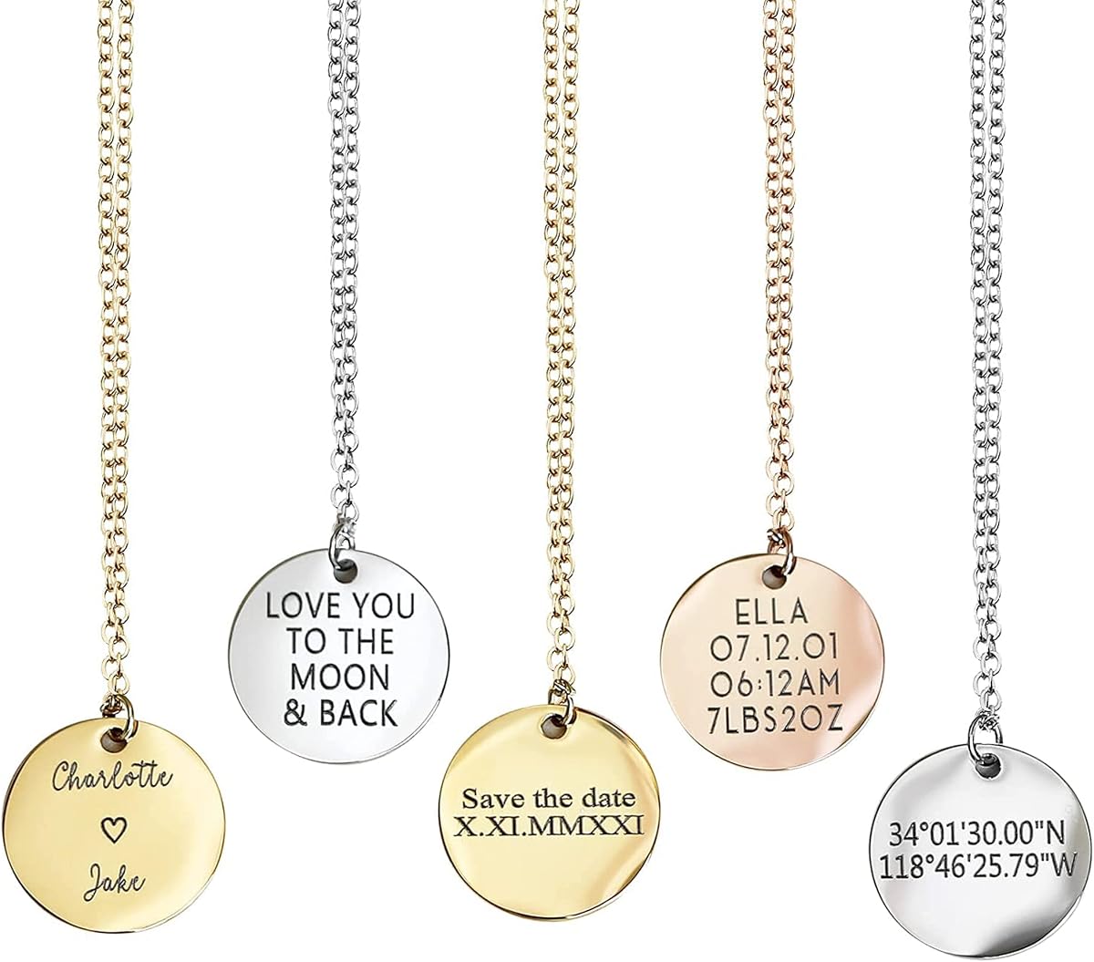 Collar Grabado para Mujer, Collar con Nombre Personalizado con Grabado | Collar con mensaje personalizado: grabe coordenadas, un mensaje o una fecha en un disco de acero inoxidable chapado de 18 mm resistente al deslustre.