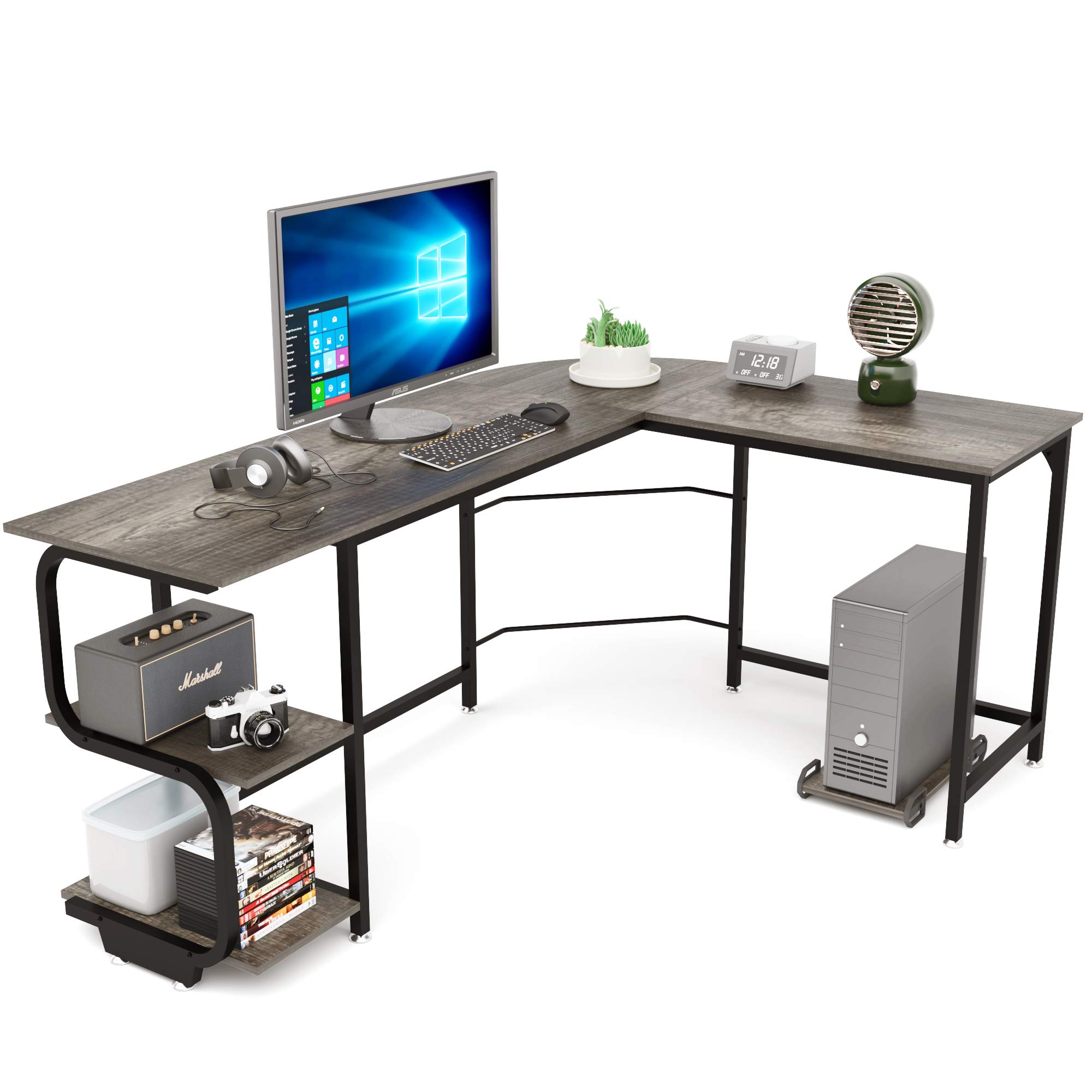 Teraves Reversible L Shaped Desk with Shelves Computer Desk Gaming Desk