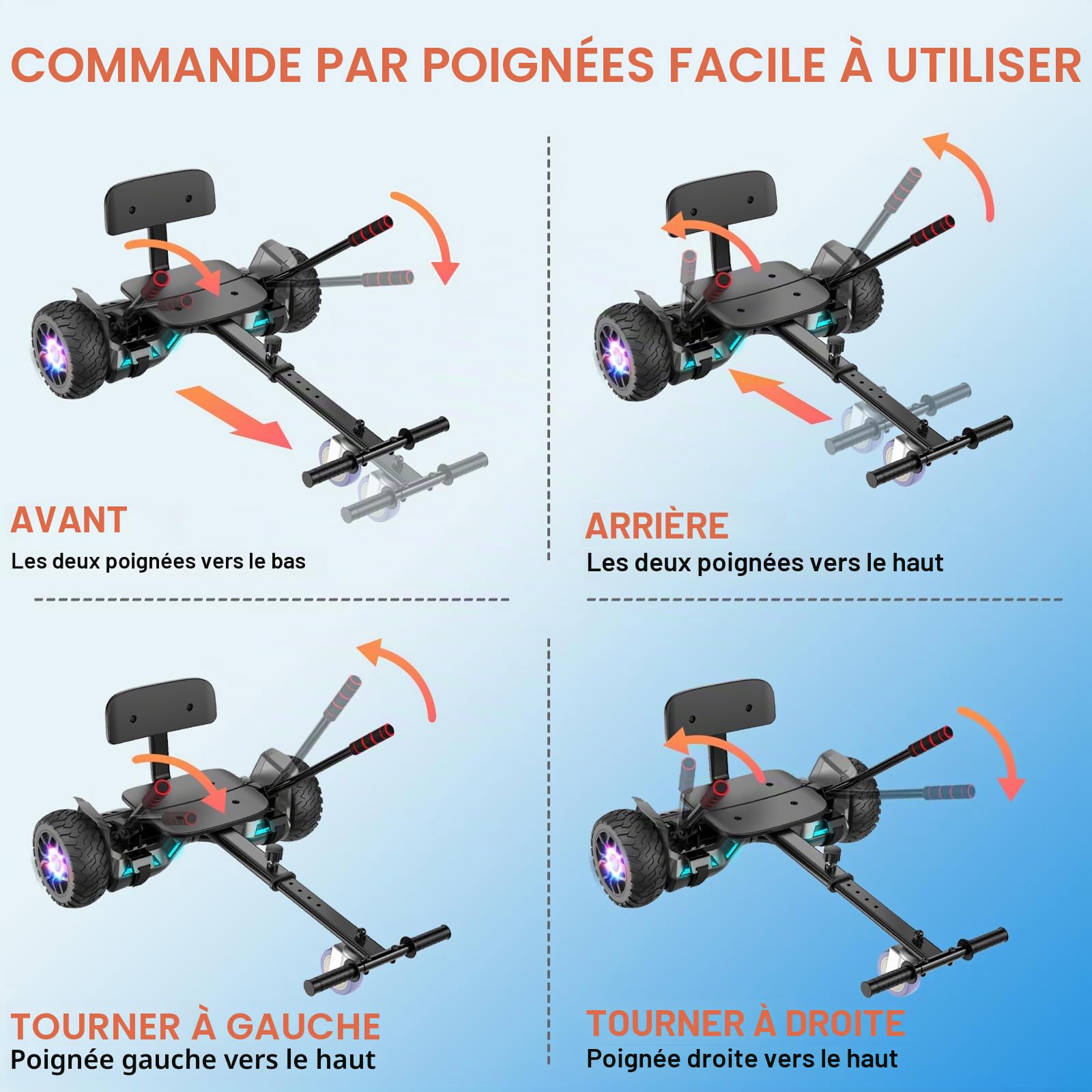 Scooter avec siège, 8,5" Hoverboard Go Kart Combo avec lumières LED colorées et Bluetooth, pour enfants, filles, adultes, tous âges