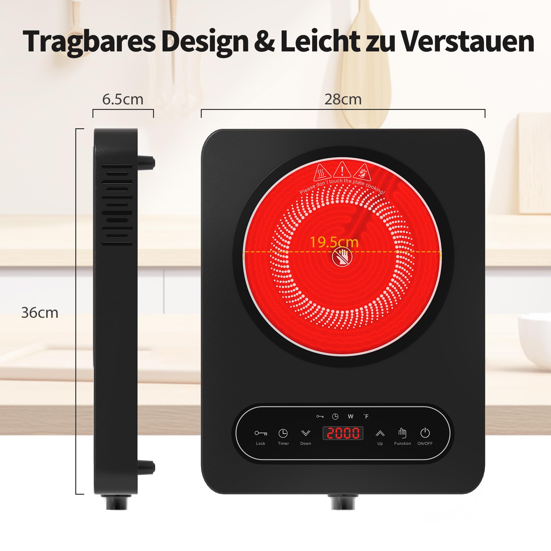 VBGK Glaskeramik Kochfeld 1 Platte, 220V, 2000W, Kochfeld mit LED-Touch-Bedienelementen und Drehreglern, 10 Leistungsstufen, 4-Stunden-Timer, Sicherheitsverriegelung Herdplatte mit Stecker