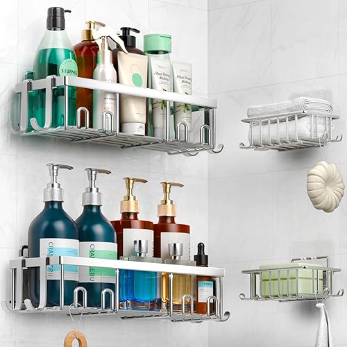 Nadfaessis 4 Pack Shower Caddy Organizer, Stainless Steel Shower Shelf with Hooks, Adhesive Bathroom Shelves for Storage and Organization(Silver)
