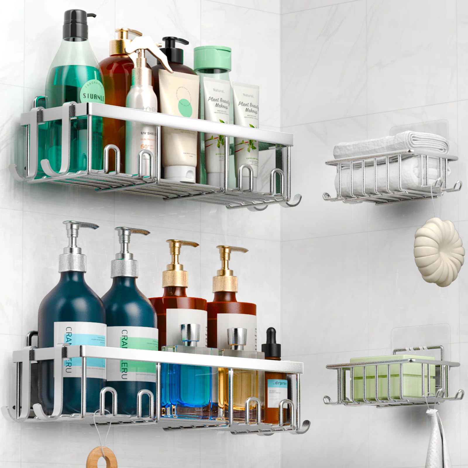 Nadfaessis 4 Pack Shower Caddy Organizer, Stainless Steel Shower Shelf with Hooks, Adhesive Bathroom Shelves for Storage and Organization(Silver)