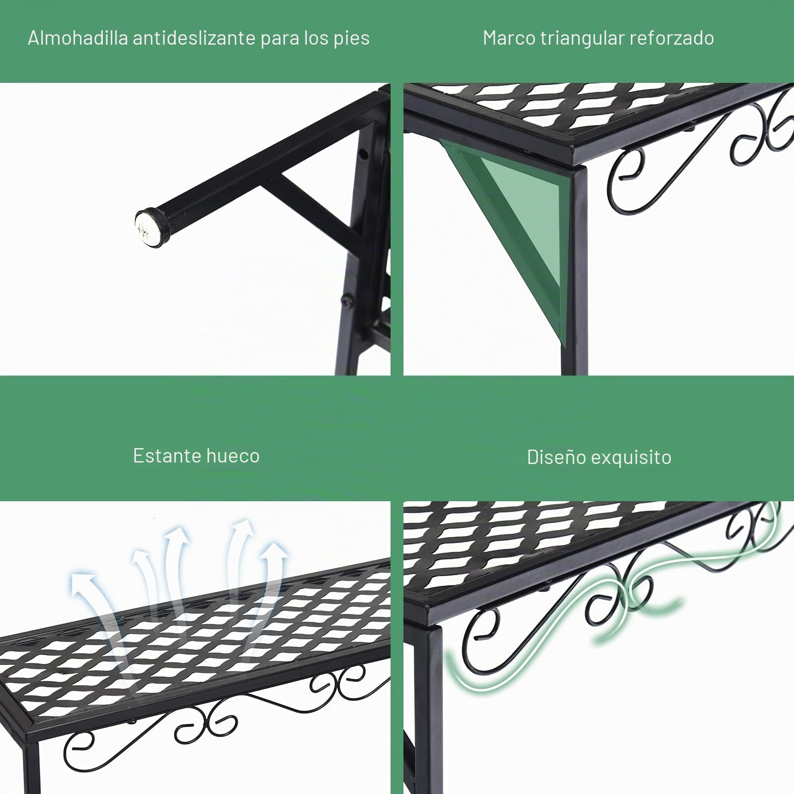 GOPLUS Soporte de metal para plantas, 3 niveles, escalera para flores, escaleras para plantas, para jardín, balcón, negro, 70 x 60 x 60,5 cm (rectangular con diseño)