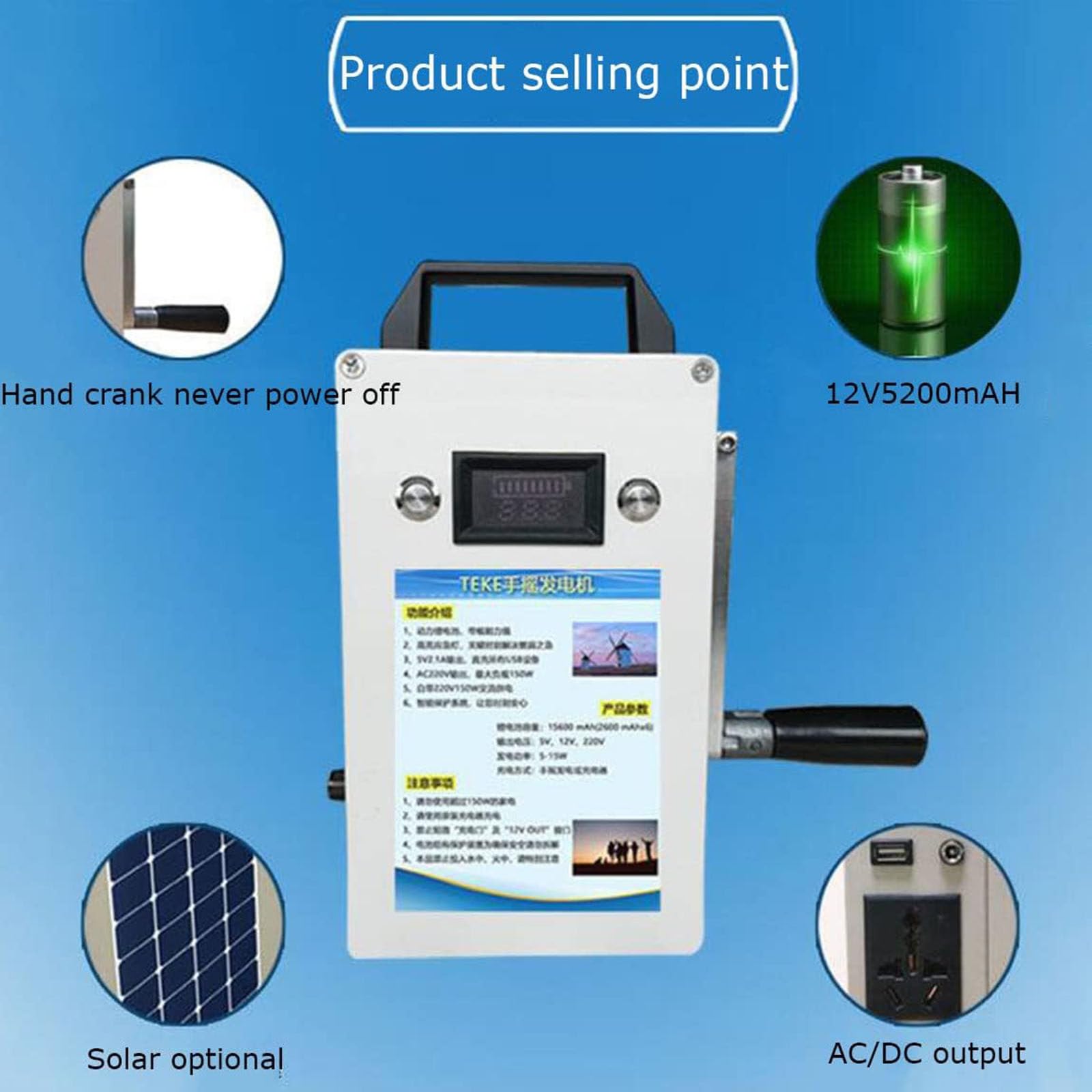 150w 220v Generatore a manovella da Stazione di Alimentazione Portatile con generatori di Alimentazione Mobile,con Usb/Ac220v/12v Presa, con Batteria