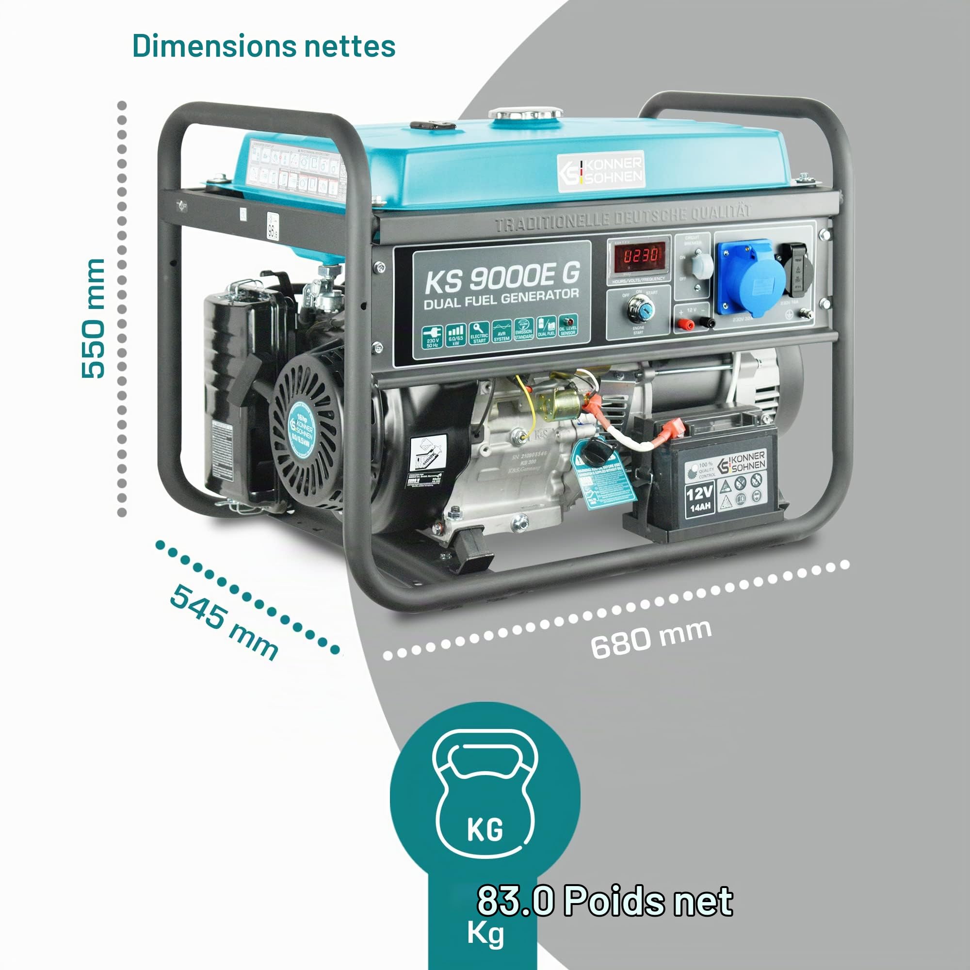 Groupe électrogène à essence/gaz KS 9000E G Könner & Söhnen puissance max 6500W, démarrage manuel/électrique, régulateur de tension automatique (AVR), affichage LED, enroulement 100% en cuivre.