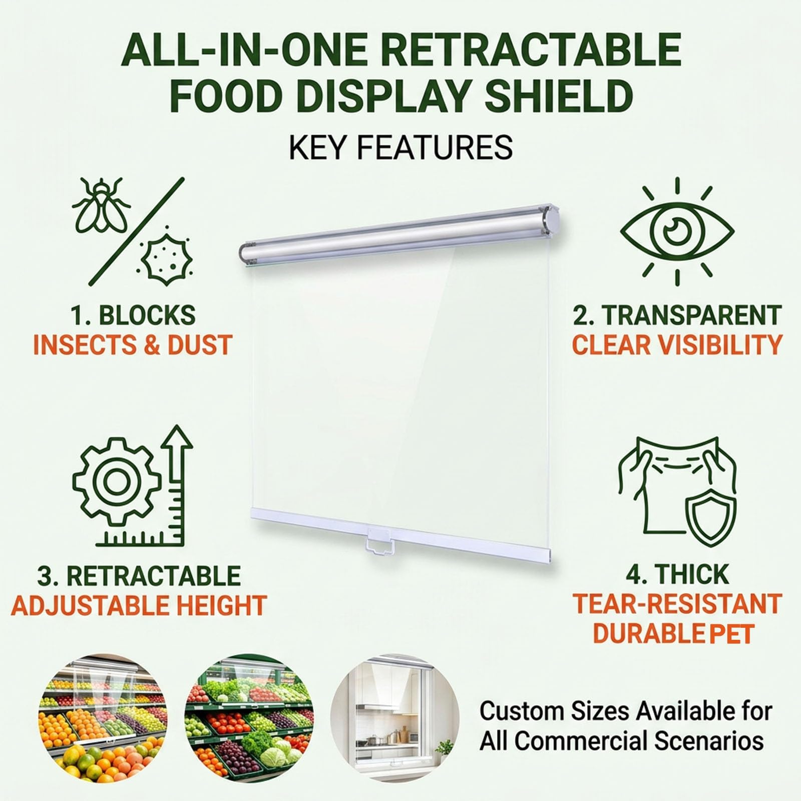 Tenda a Rullo Trasparente per Frigo Commerciale e Vetrina Refrigerata | Copertura Notturna in Plastica Trasparente con Maniglia, Ideale e Compatibilità Universale(W150xh120cm/59x47.2'')