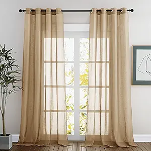 NICETOWN Sheer Linen Curtains Flax Texture 90 inch Long, Grommet Semi Sheer Window Treatments Privacy with Light Filtering Drapes for Bedroom/Living Room, Camel, W52 x L90, 2 Panels