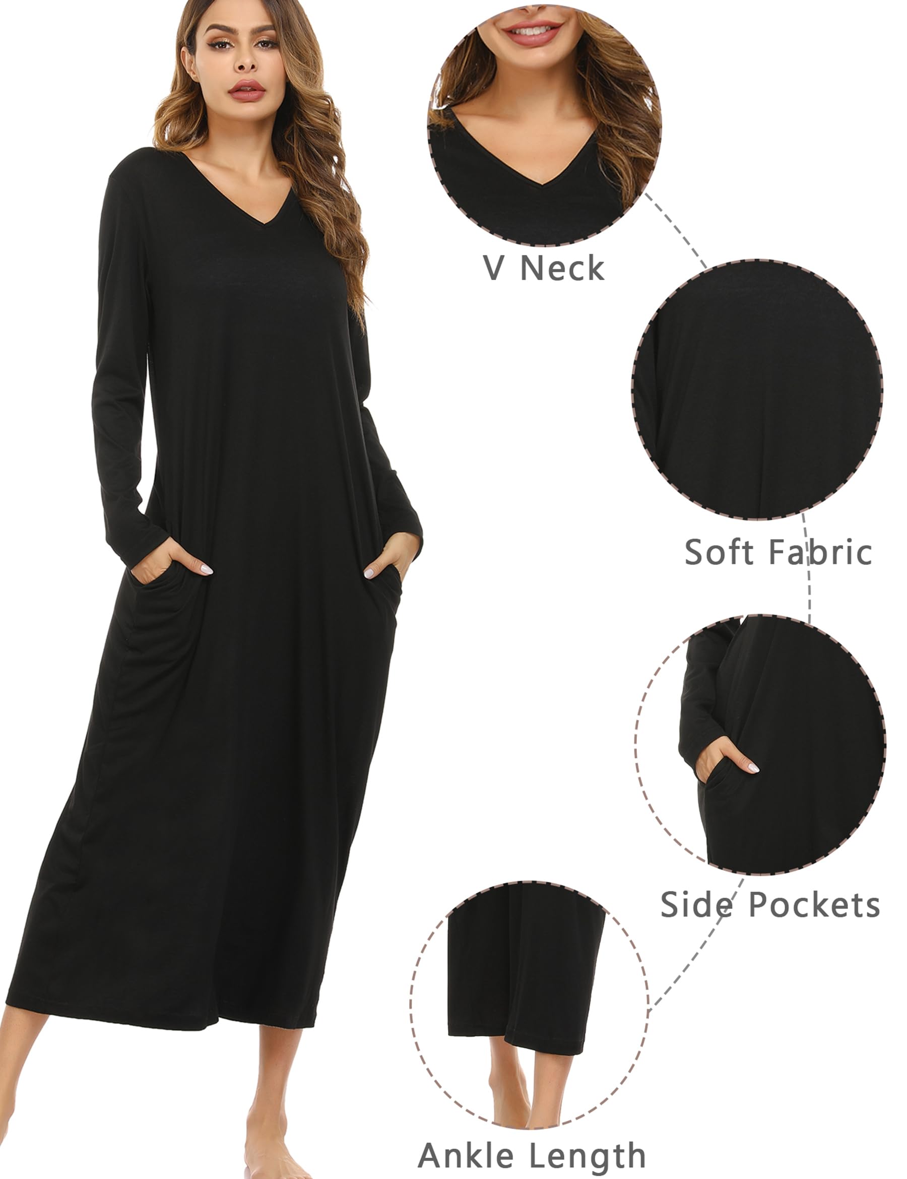 Sykooria Camicia da Notte Manica Lunga Donna a V Camice da Notte in Cotone Lungo Camicia da Notte Invernale con Tasche,Pigiama Comodo Ampio Tinta Unita Abbigliamentoda Casa S-3XL