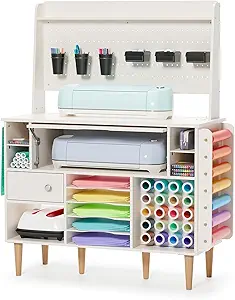 ๐๐ซ๐๐๐ข๐ญ Organization and Storage Cabinet for Cricut Machines, Craft Cart Table with Charging Station, Crafting Desk with Storage and Pegboard, Tools Accessories Organizer with Vinyl Holder
