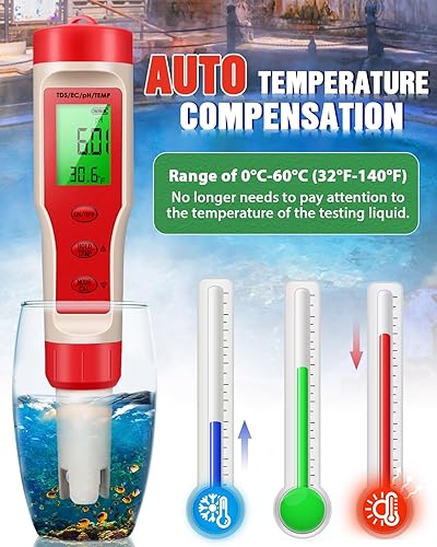 Miniatura 7 de Medidor de pH 4 en 1, medidor de pH para agua, probador digital de pH 0.01 de alta precisión con rango de medición de pH 0-14, temperatura de pH TDS