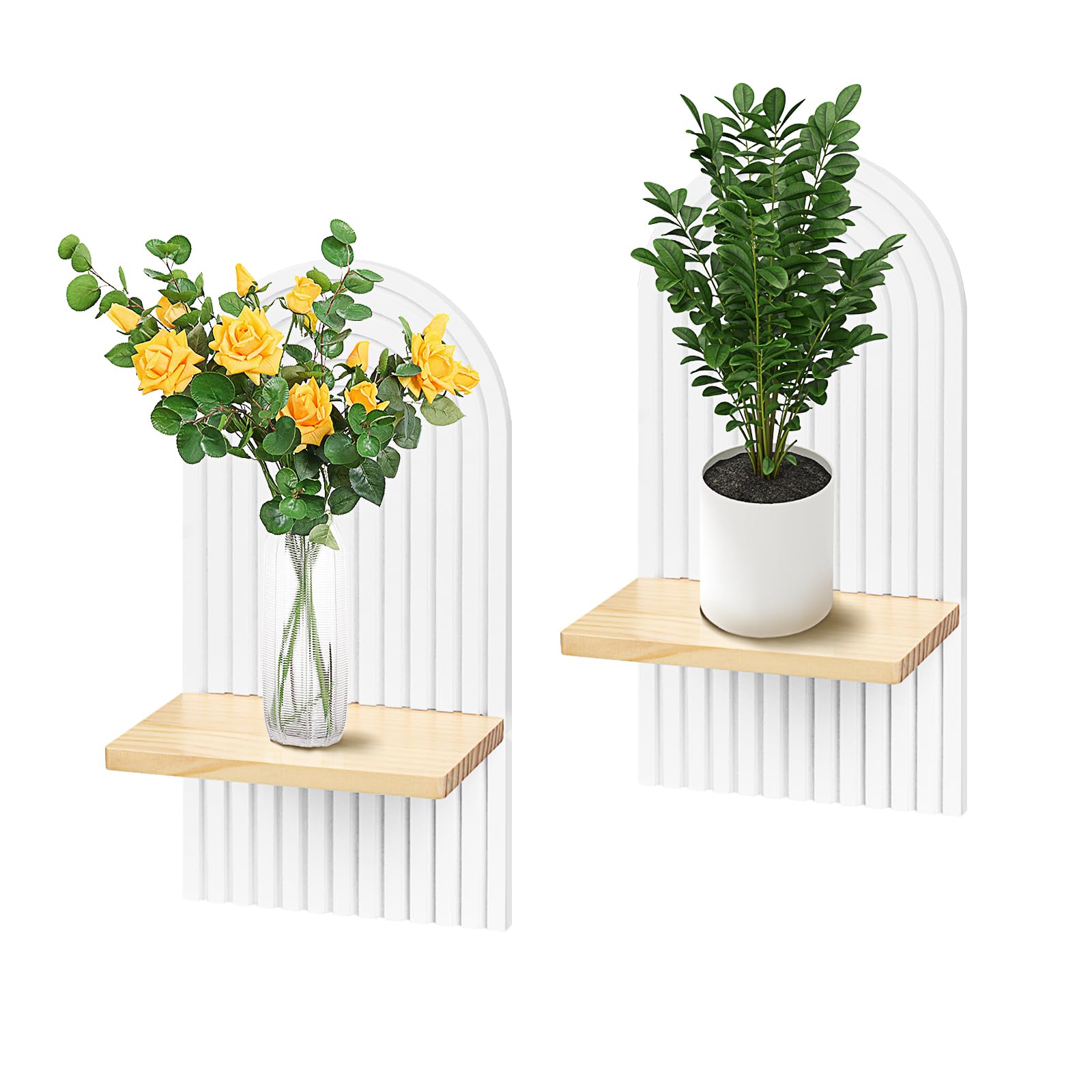 Set de 2 Estante Flotante Pared, Blanco Estanteria Pared Madera de Pino, Arco Iris Diseño Estético, Decoración Mural, Baldas Pared para Baño, Dormitorio, Oficina, Salón, Cocina, 18 x 12 x 35cm