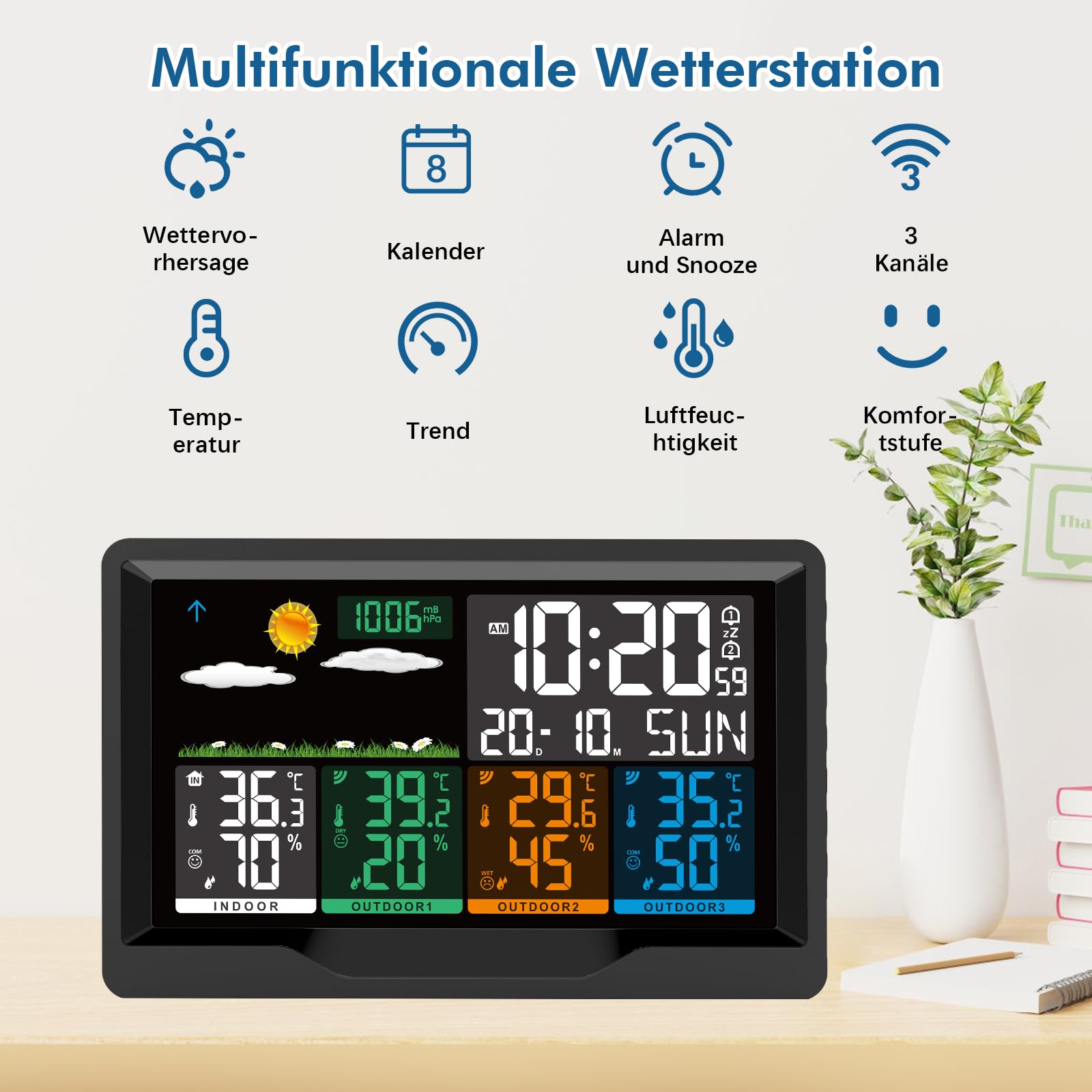 Wetterstation Funk mit Außensensor, Wetterstation Funk mit 3 Außensensor, 7,5" VA-Farbdisplay Funkwetterstation mit DCF Funkuhr, Innen- & Außentemperatur, Luftfeuchtigkeit, Wettervorhersaget für Hau