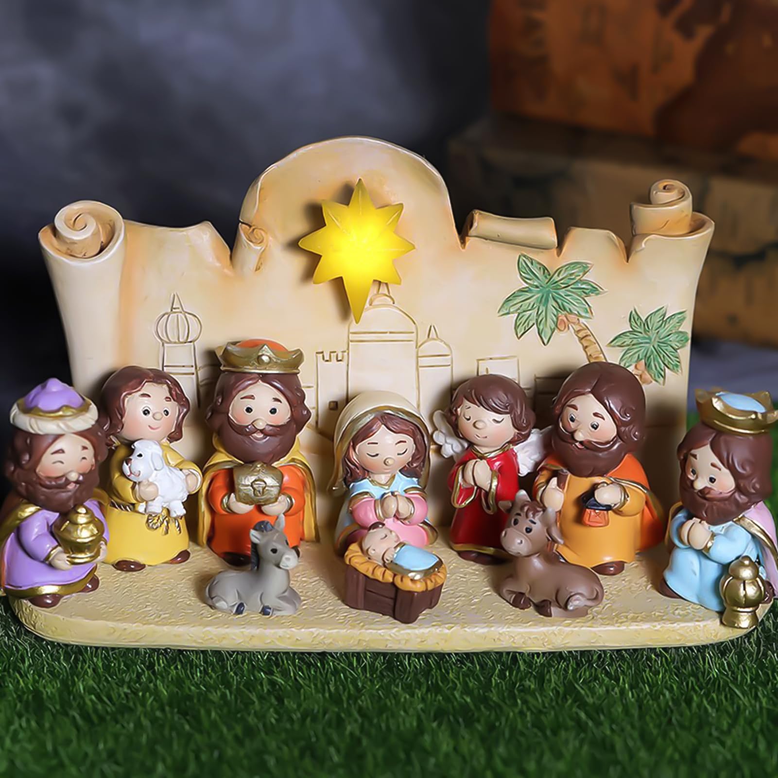 MACLARONX Mini-Krippen-Set, 10-teilig, Weihnachtskrippe, Kunstharz, kleine Figuren für den Innenbereich, mehrfarbig