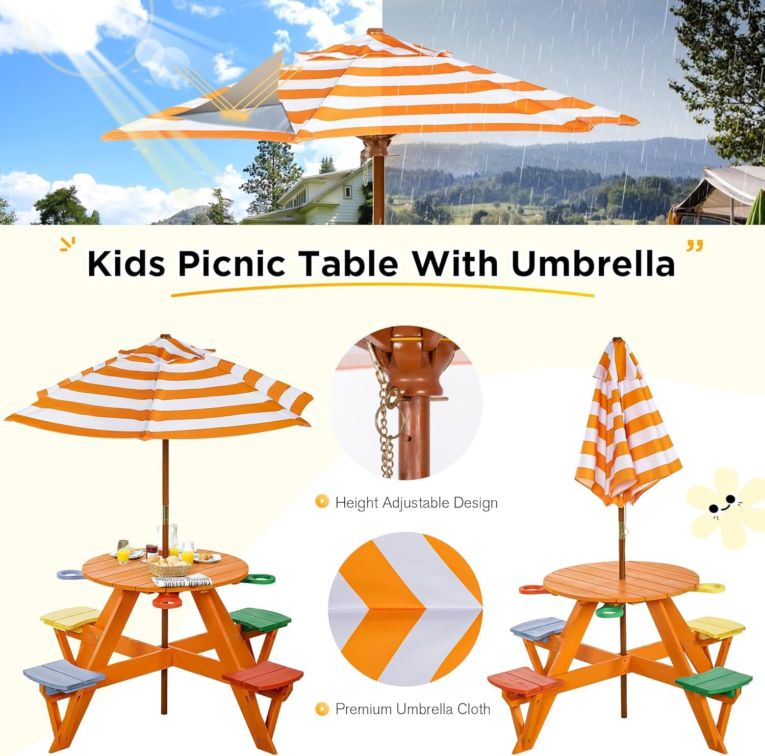BRINJOY Kindersitzgruppe, Kinder Picknicktisch mit Bänke, Kissen & Sonnenschirm höhenverstellbarem, Kindersitzgarnitur aus Holz, Sitzgarnitur, Sitzgruppe Outdoor, Kinder gartenmöbel (Orange)