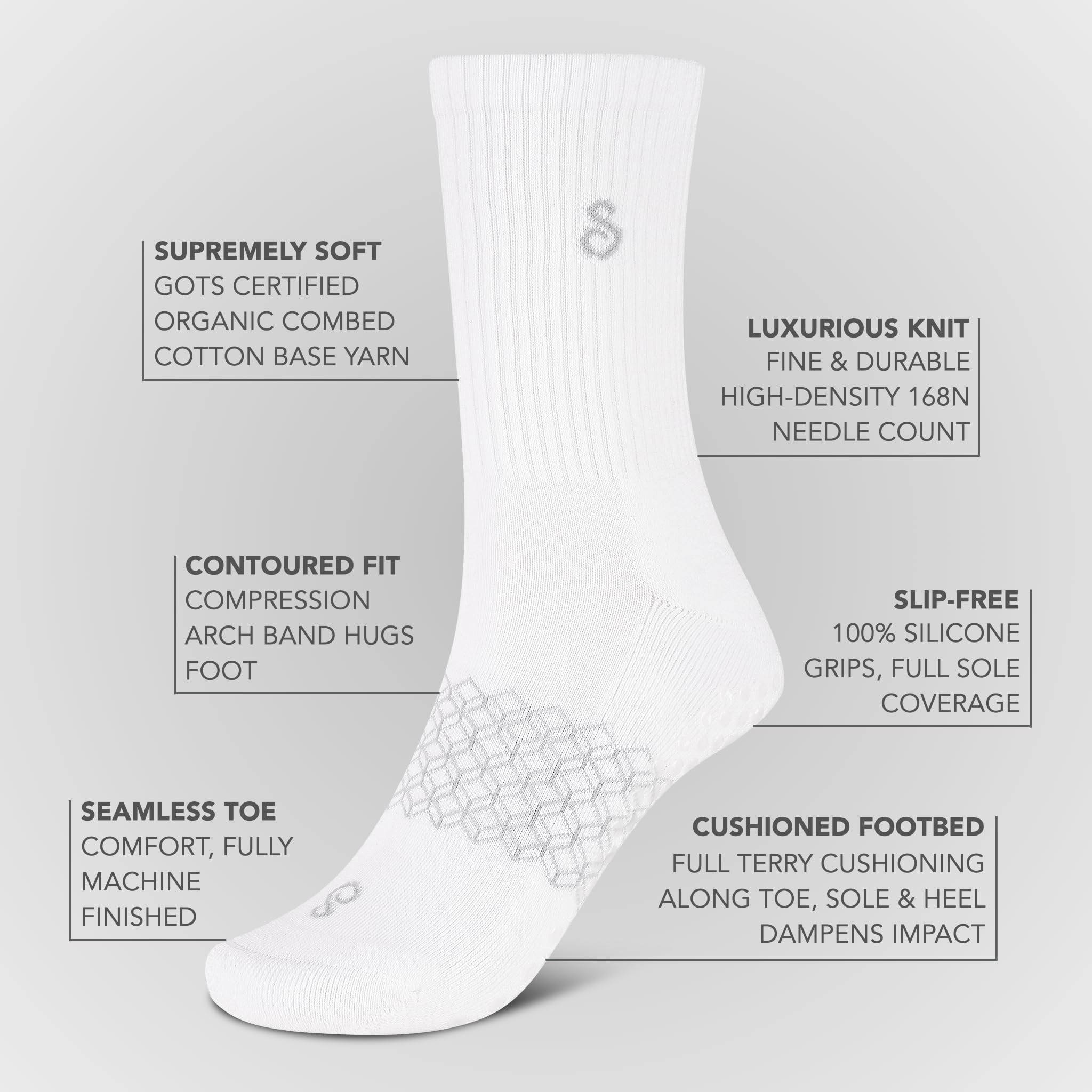 Non Slip Pilates Grip Socks Crew Length For Reformer, Mat, Barre, Yoga, Organic Cotton, White Medium, Anti Slip Crew Midcalf Gripper Long Socks