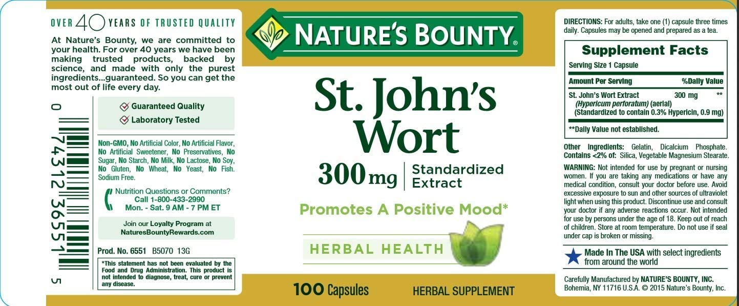 Nature's Bounty St. John's Wort Pills and Herbal Health Supplement