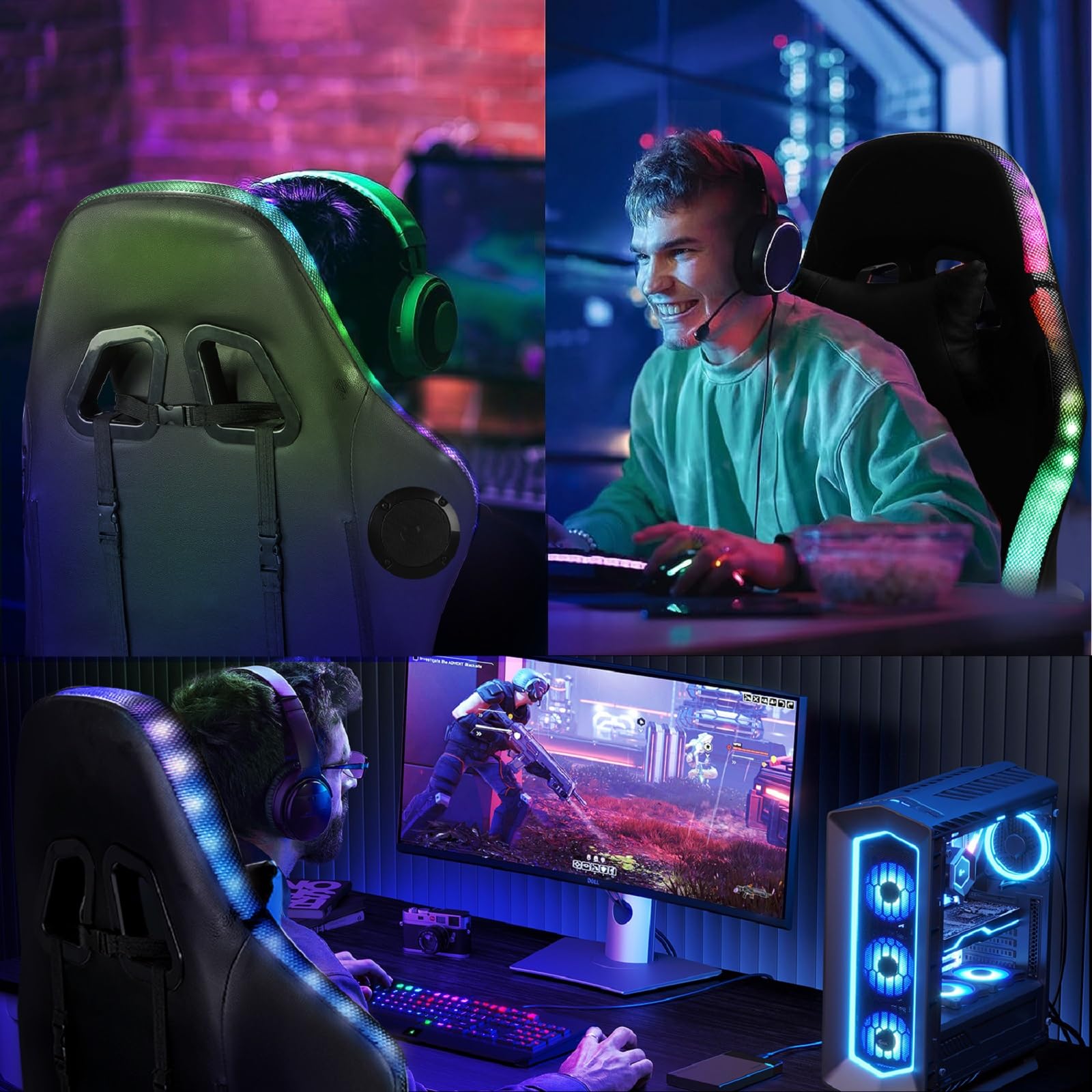Ergonomischer Gaming Stuhl mit Lautsprechern & LED-Beleuchtung, Verstellbarer PC Stuhl mit Fußstütze, Kopfstütze & Armlehnen, PU-Leder Schreibtischstuhl für Büro & Zuhause, Schwarz