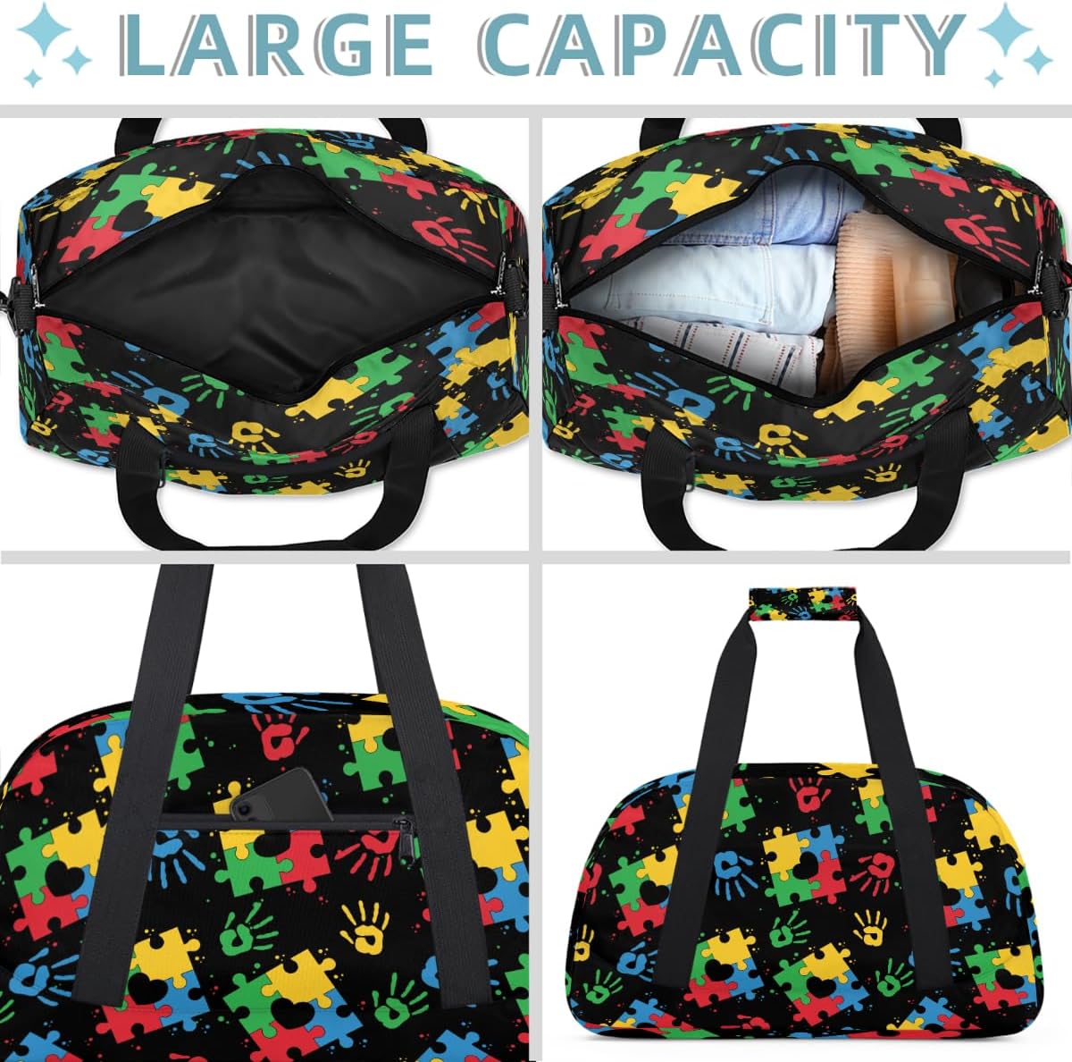 Kids Travel Duffle Bag - Large Sports Gym Bags Duffel Tote for Boys Girls Carry On Weekender Overnight Sleepover Bag(Autism Awareness Puzzle)