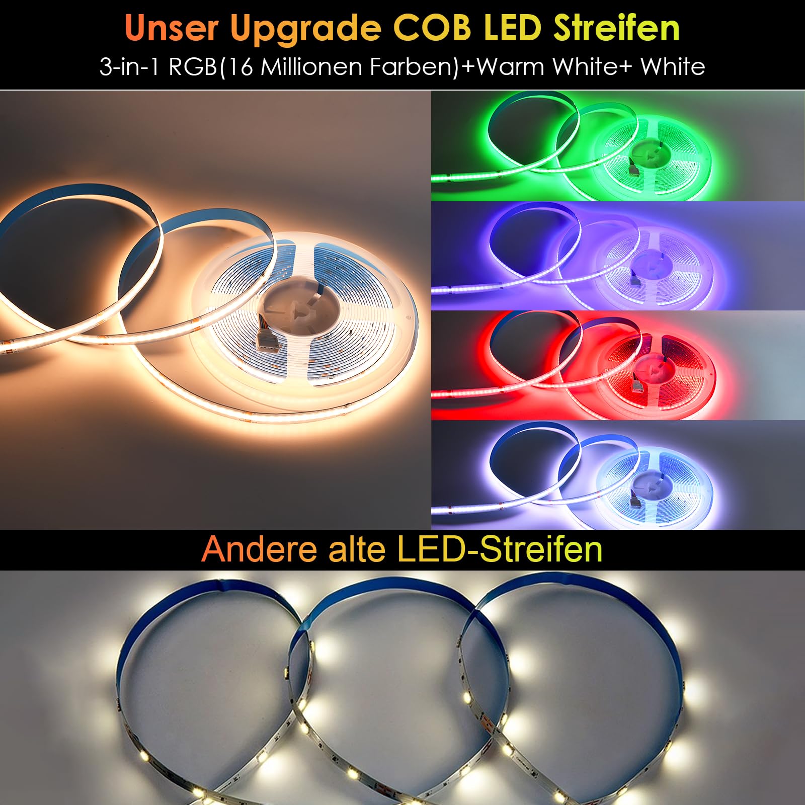 10M Wifi 24V COB Striscia LED RGB+Bianco caldo Senza alimentazione elettrica, 672LEDs/m Striscia LED dimmerabile Multicolore Senza alimentazione elettrica LED Nastro Striscia Luminosa LED COB Strip